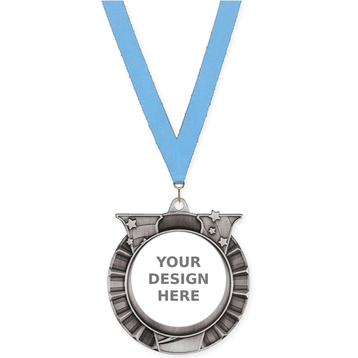 2 3/4 inch Victory Star insert medal in antique silver with Light Blue neck ribbon