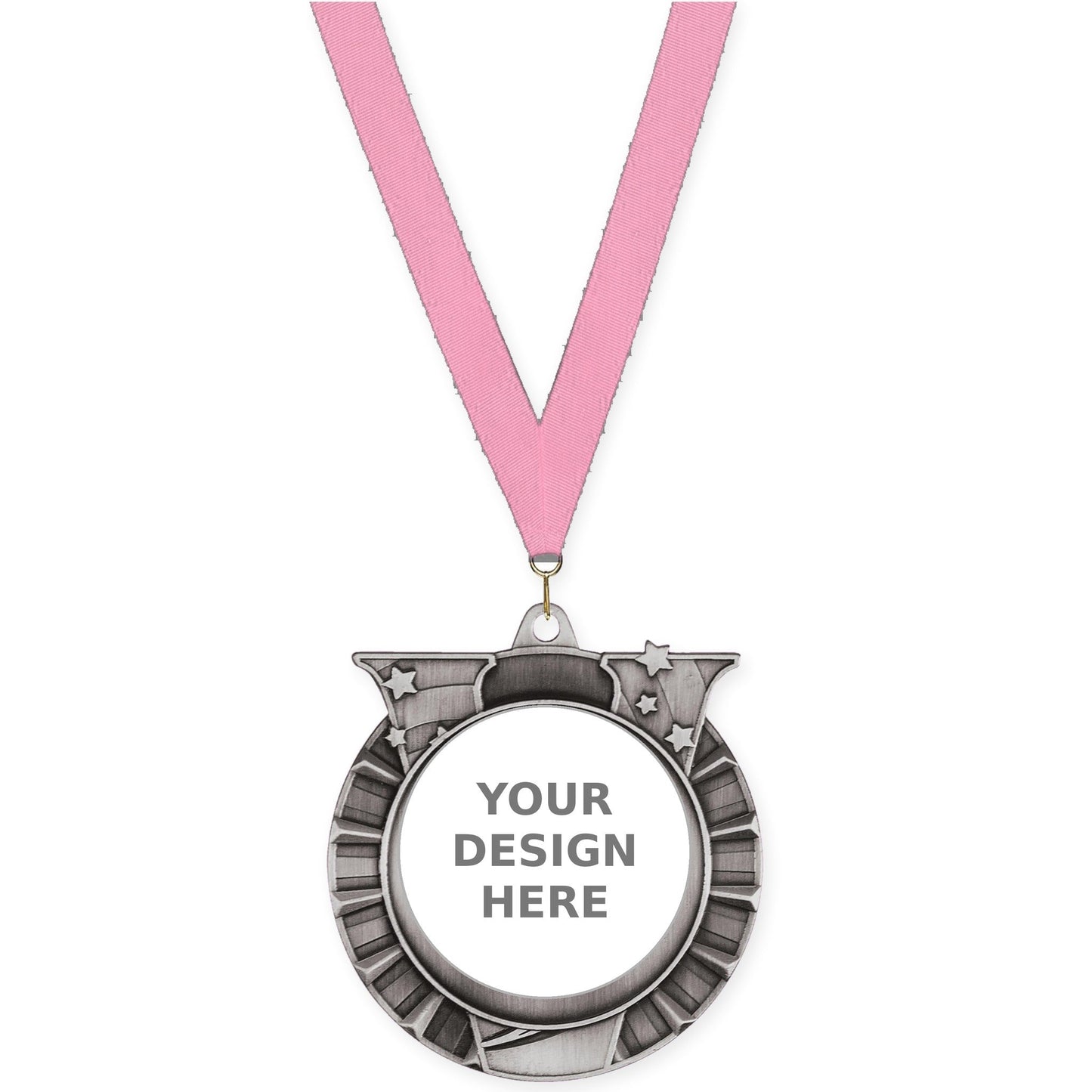 2 3/4 inch Victory Star insert medal in antique silver with Pink neck ribbon