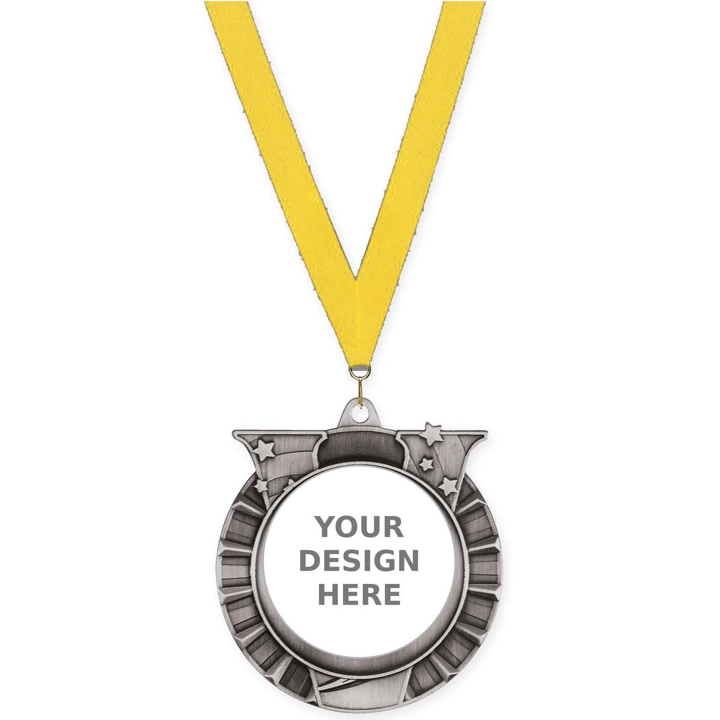 2 3/4 inch Victory Star insert medal in antique silver with Yellow neck ribbon