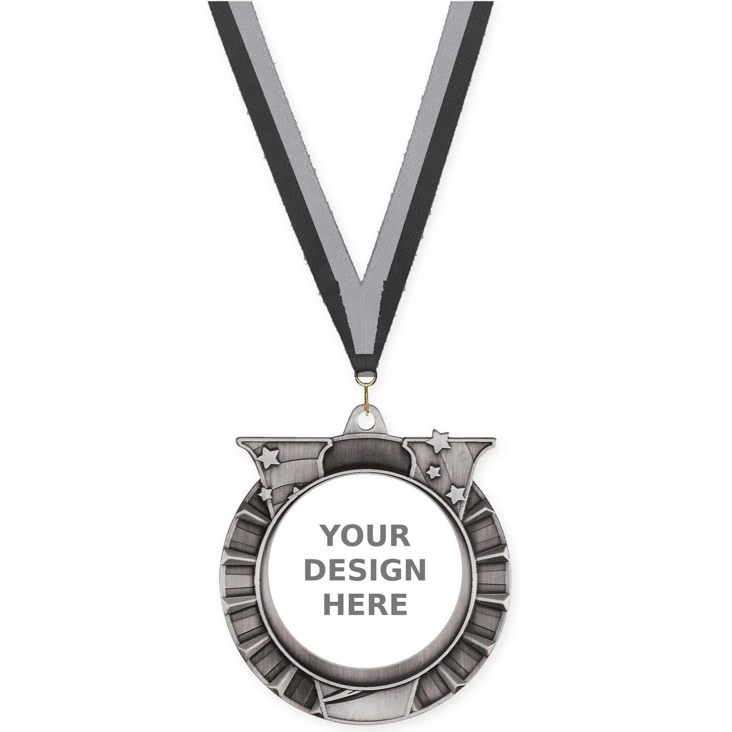 2 3/4 inch Victory Star insert medal in antique silver with Black Gray neck ribbon