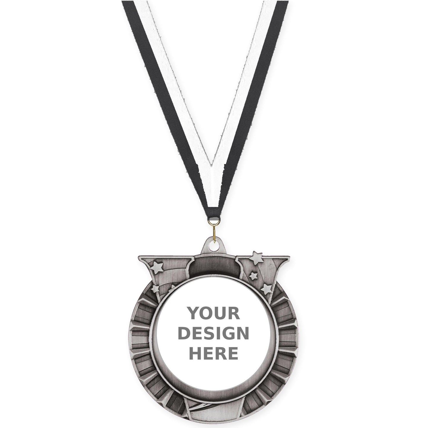 2 3/4 inch Victory Star insert medal in antique silver with Black White neck ribbon