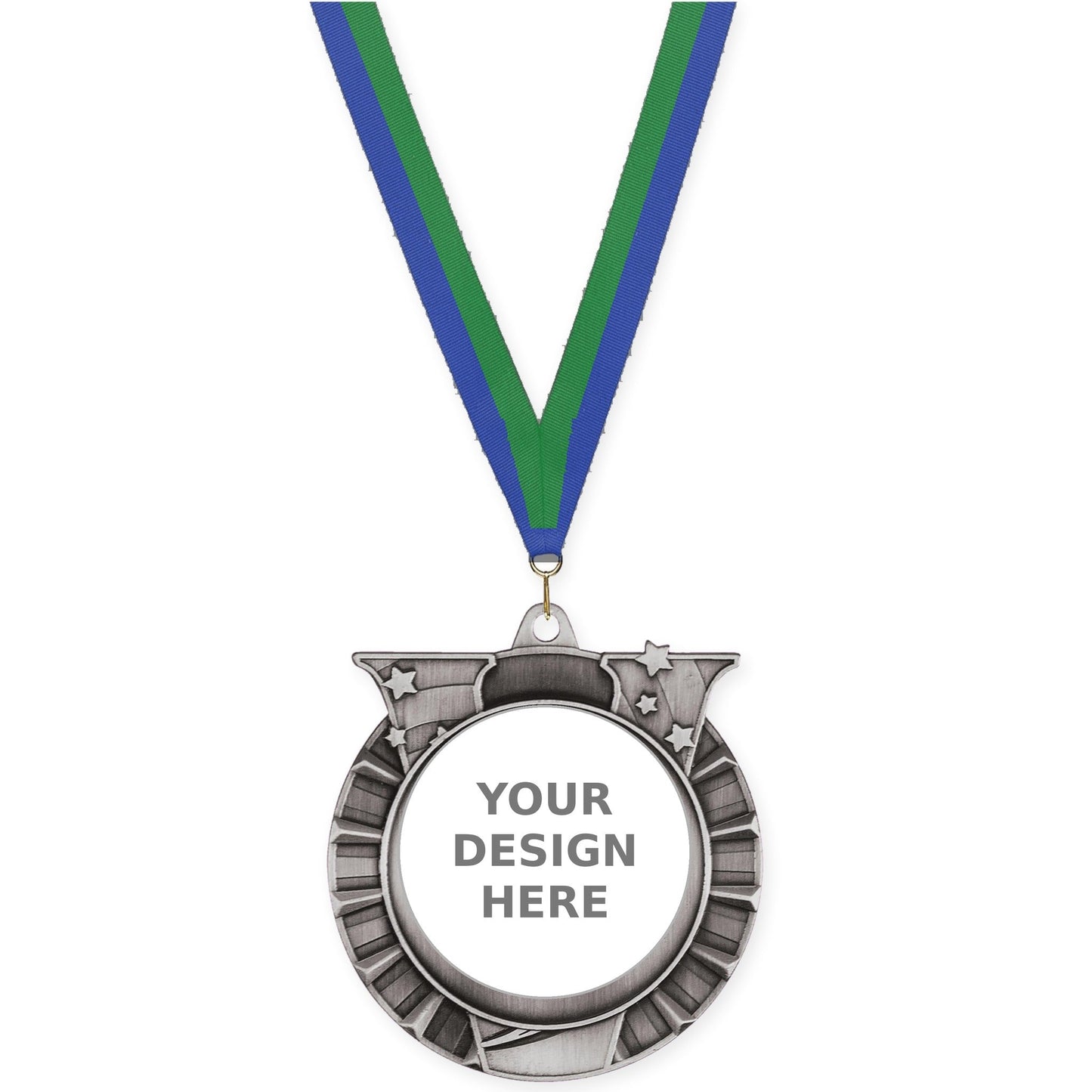 2 3/4 inch Victory Star insert medal in antique silver with Blue Green neck ribbon