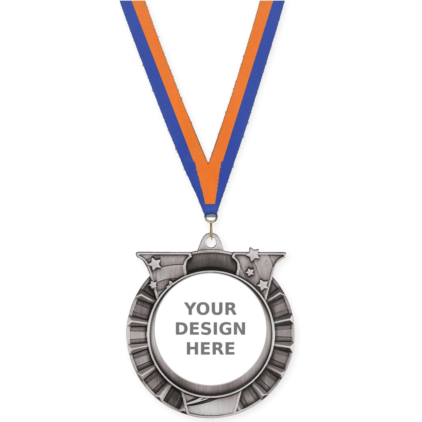 2 3/4 inch Victory Star insert medal in antique silver with Blue Orange neck ribbon