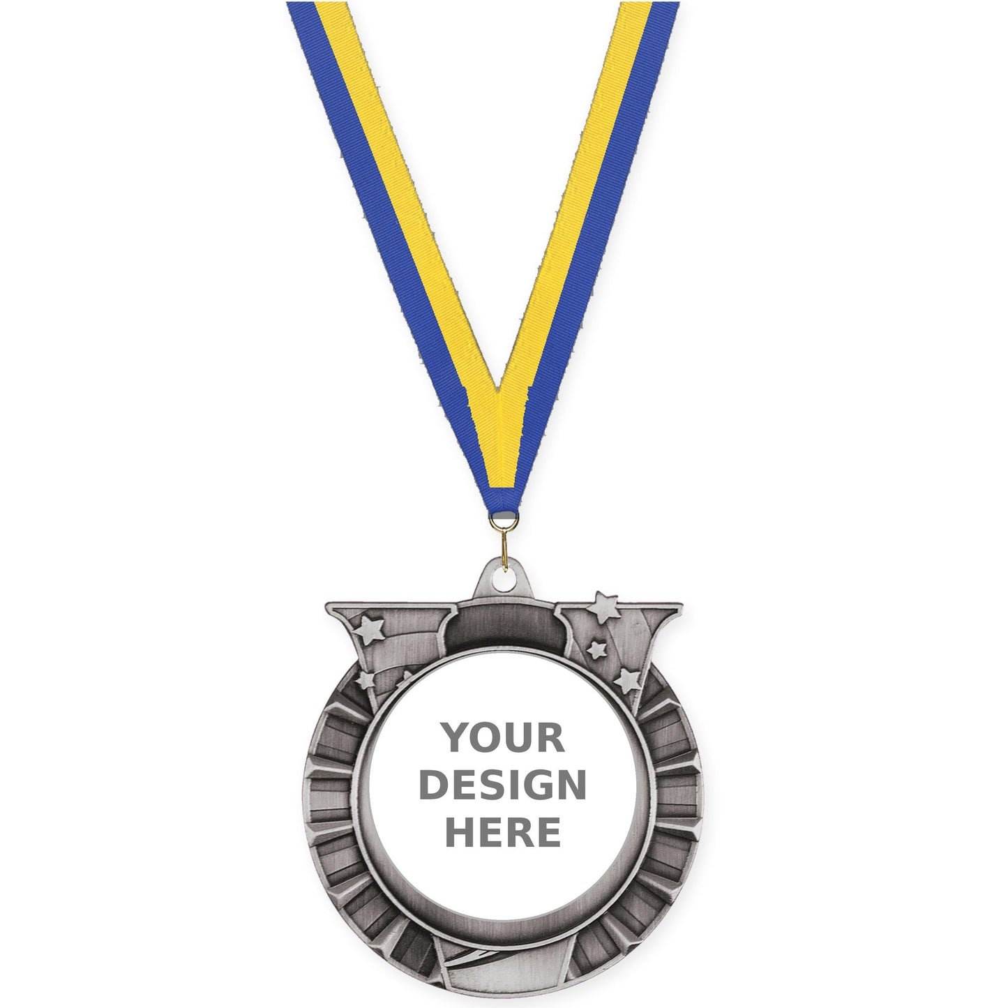 2 3/4 inch Victory Star insert medal in antique silver with Blue Yellow neck ribbon
