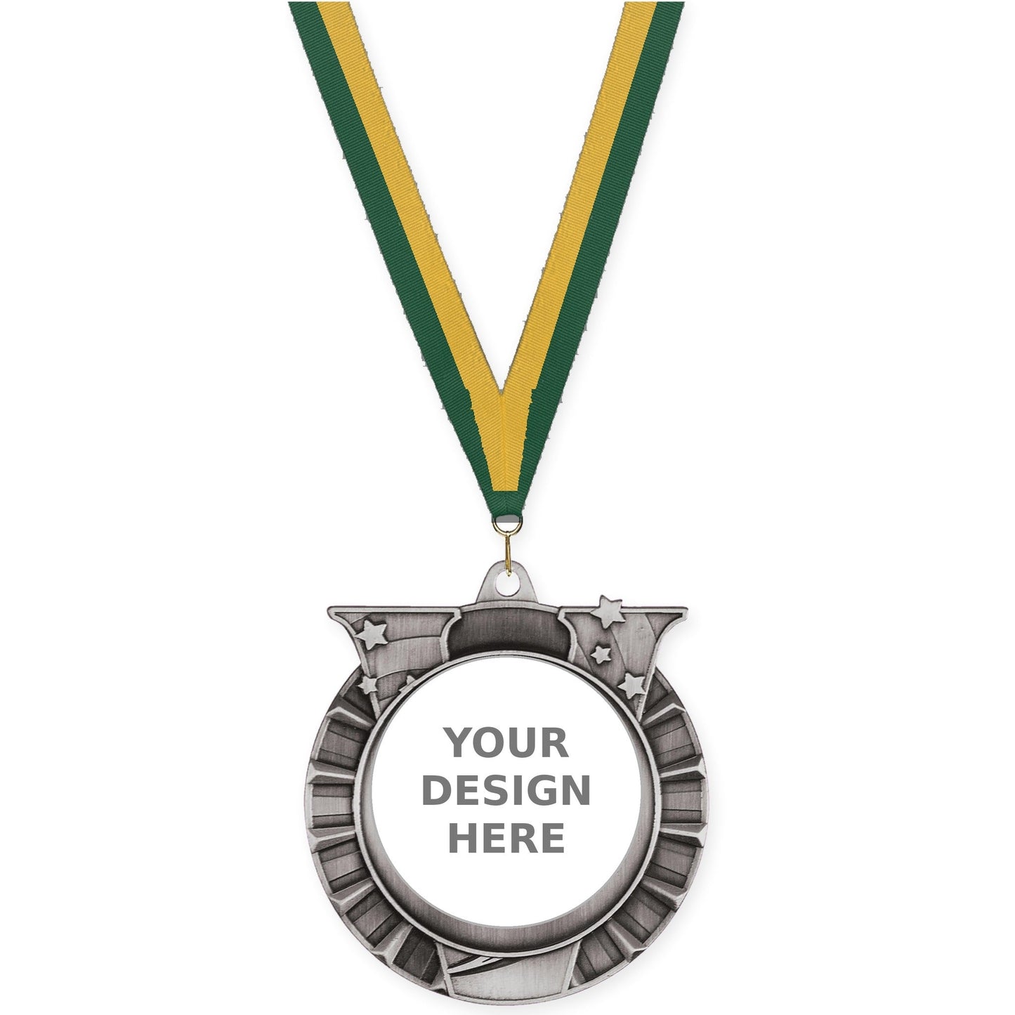 2 3/4 inch Victory Star insert medal in antique silver with Hunter Green Gold neck ribbon