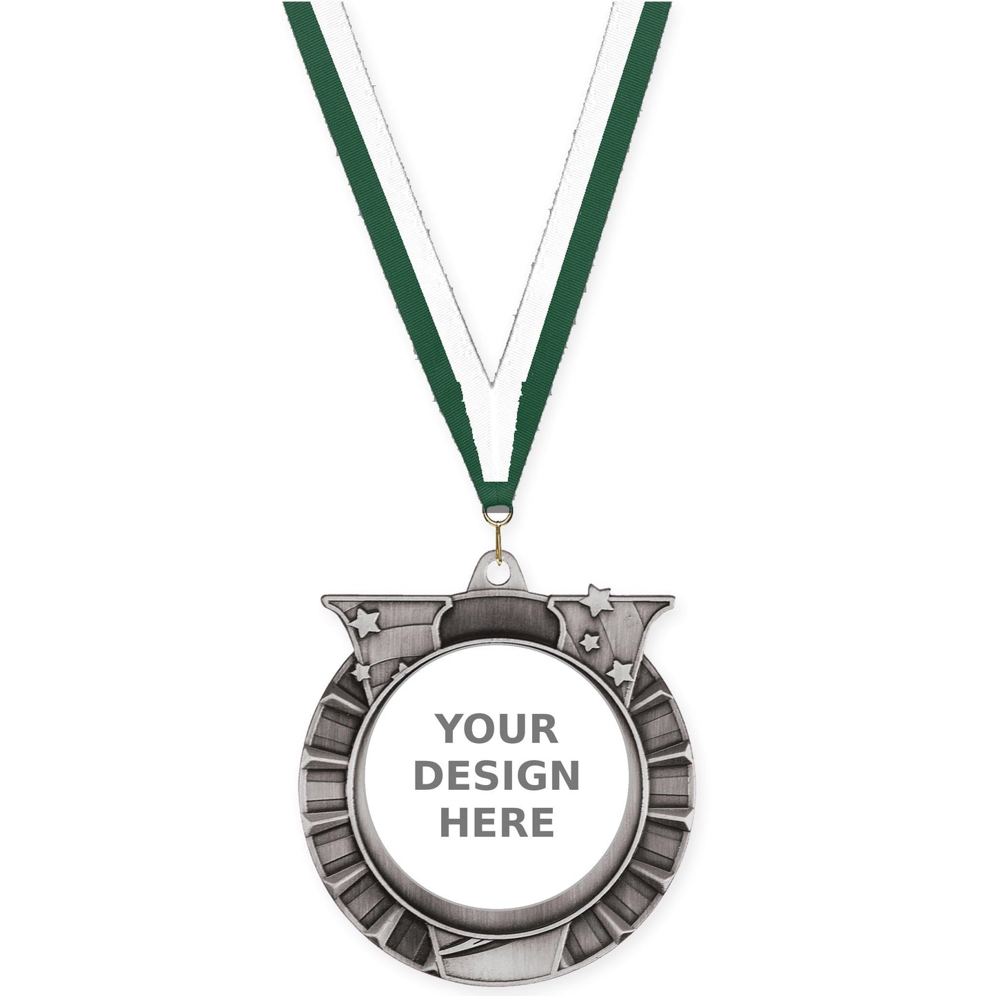 2 3/4 inch Victory Star insert medal in antique silver with Hunter Green White neck ribbon