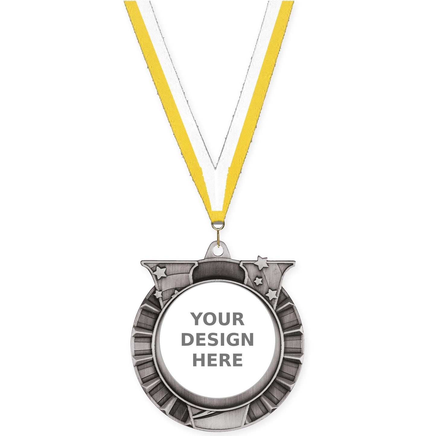 2 3/4 inch Victory Star insert medal in antique silver with Yellow White neck ribbon