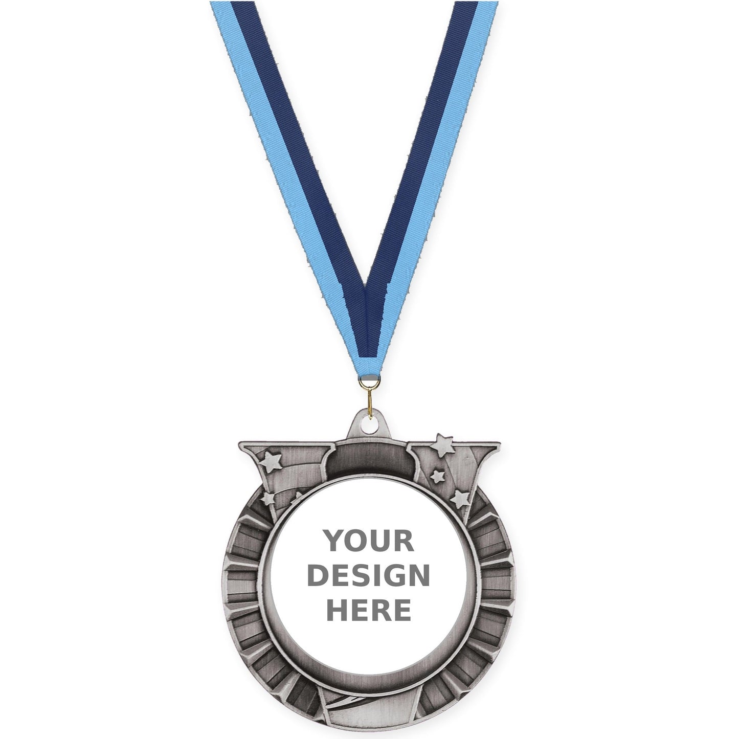 2 3/4 inch Victory Star insert medal in antique silver with Light Blue Navy neck ribbon