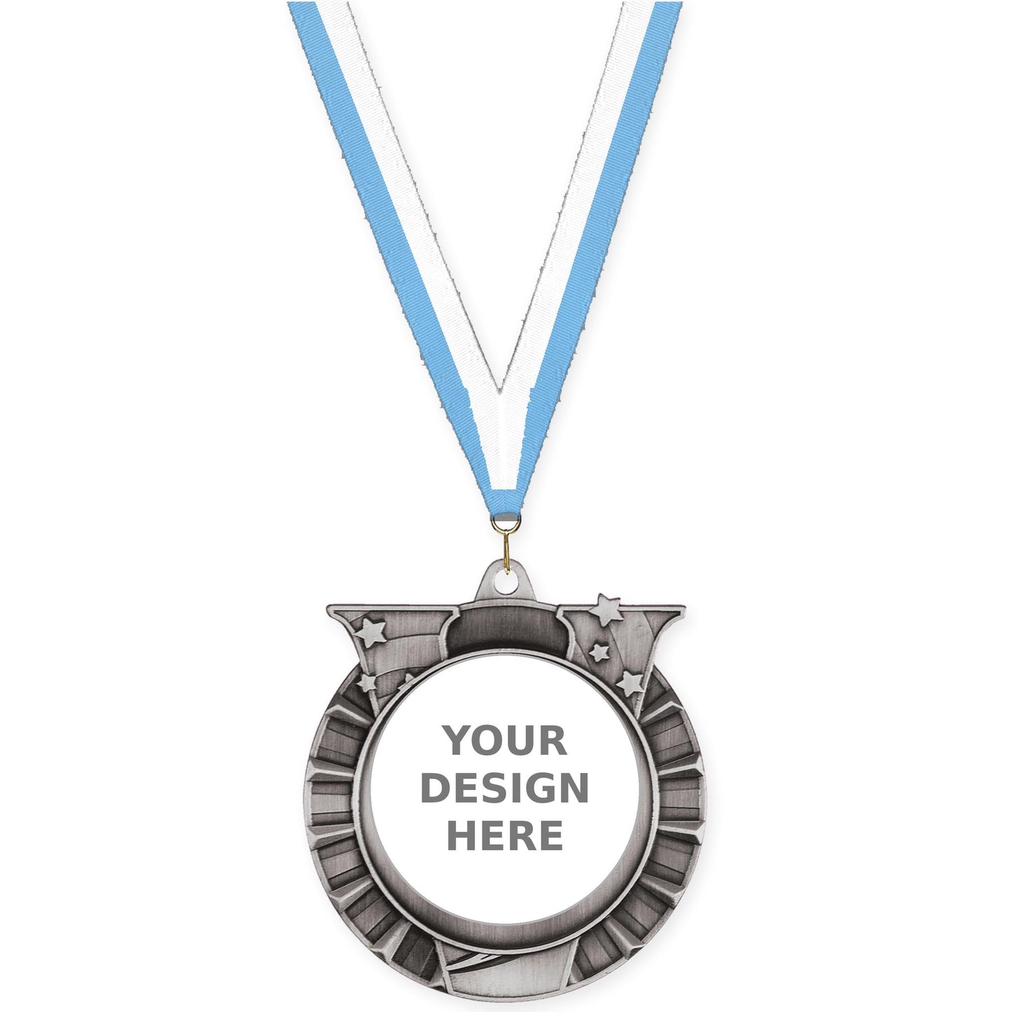 2 3/4 inch Victory Star insert medal in antique silver with Light Blue White neck ribbon
