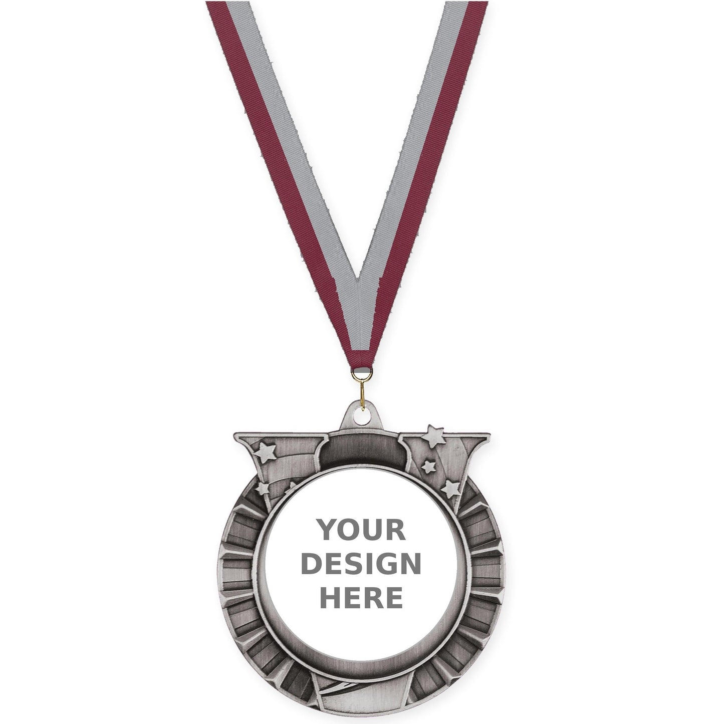 2 3/4 inch Victory Star insert medal in antique silver with Maroon Gray neck ribbon
