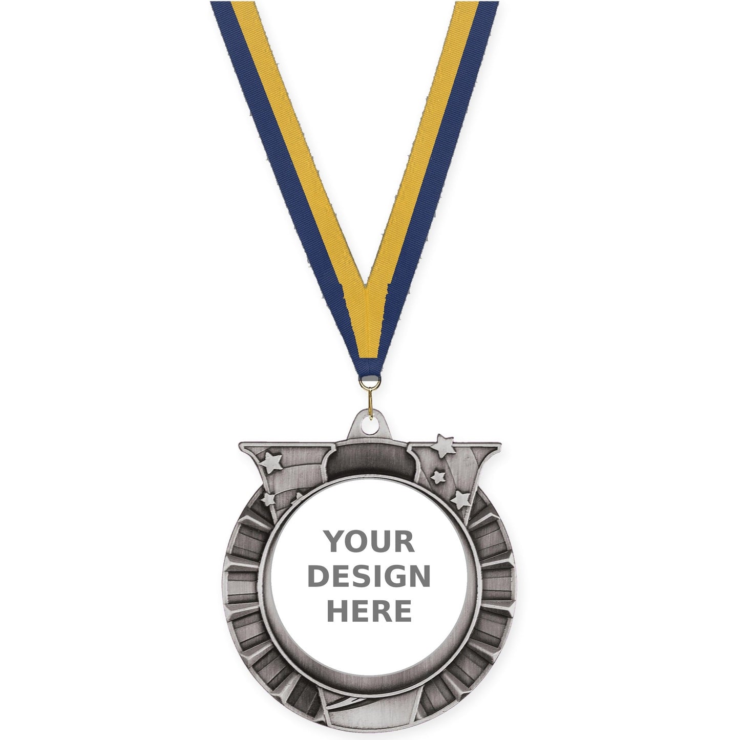 2 3/4 inch Victory Star insert medal in antique silver with Navy Gold neck ribbon