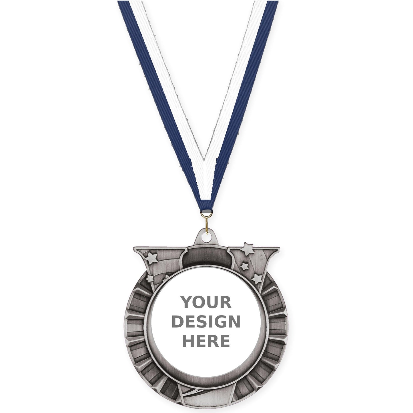 2 3/4 inch Victory Star insert medal in antique silver with Navy White neck ribbon