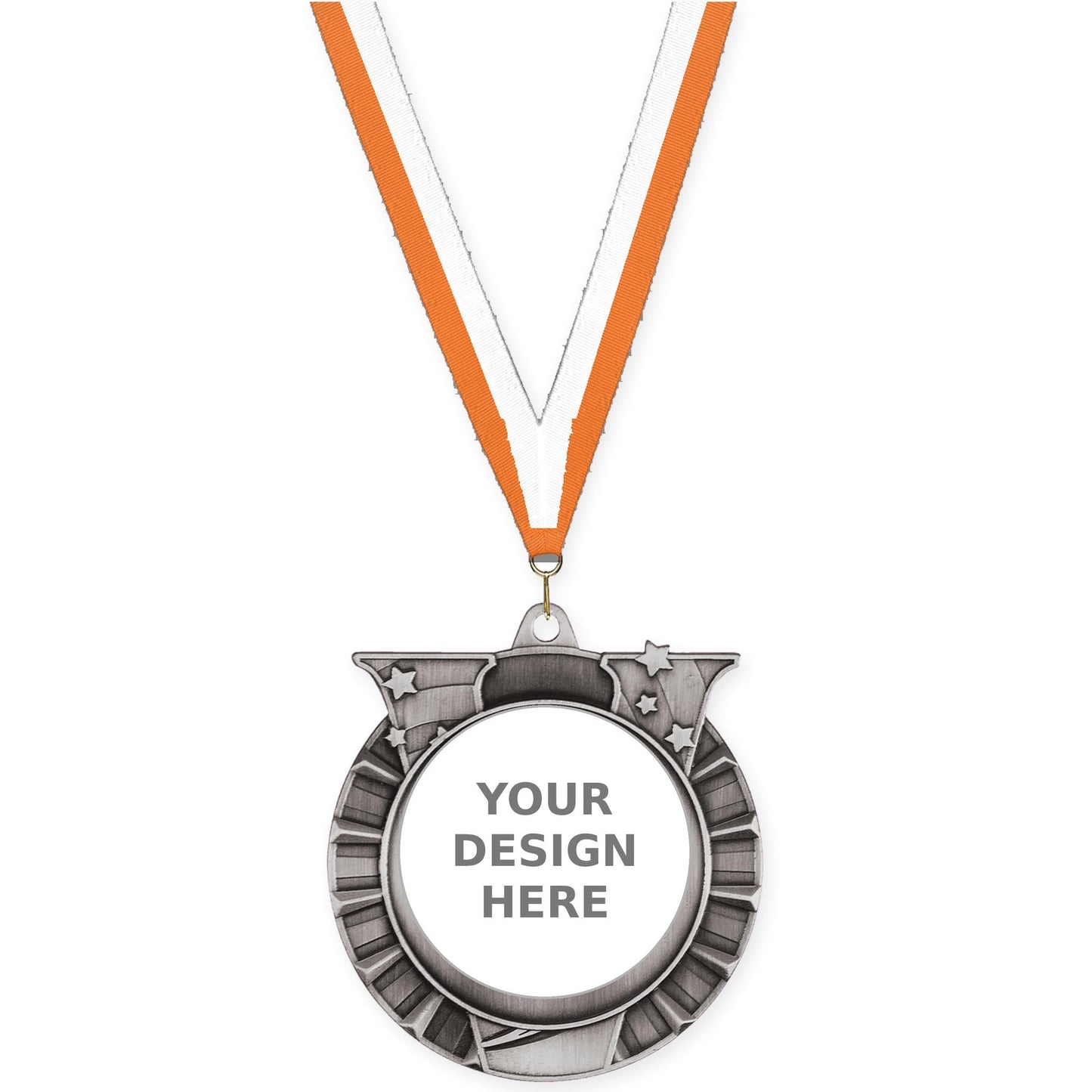 2 3/4 inch Victory Star insert medal in antique silver with Orange White neck ribbon