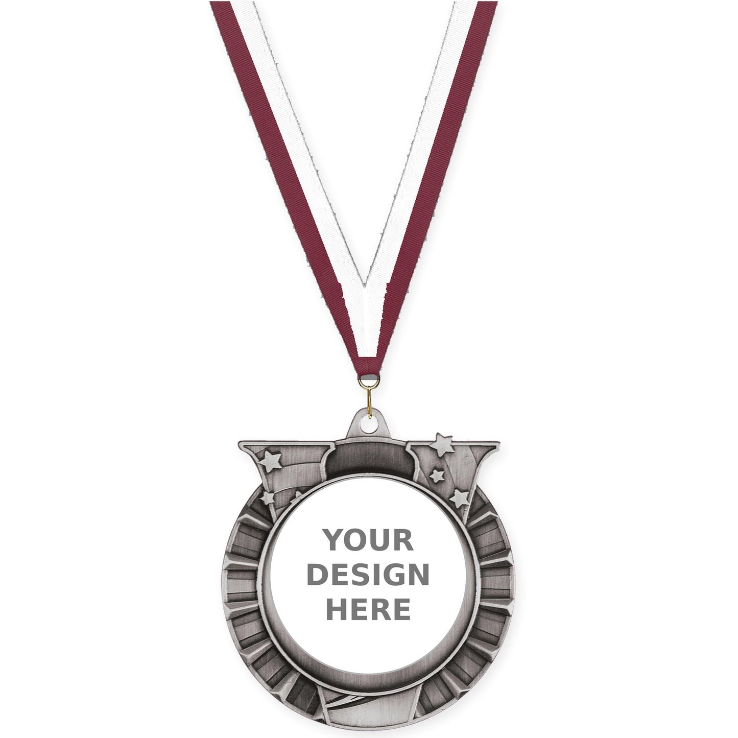 2 3/4 inch Victory Star insert medal in antique silver with Maroon White neck ribbon