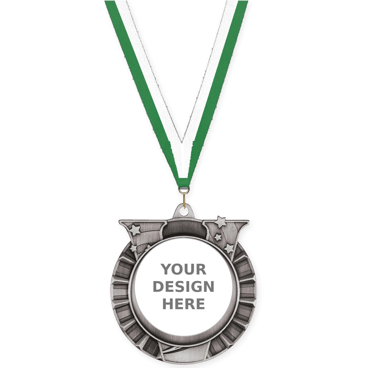 2 3/4 inch Victory Star insert medal in antique silver with Green White neck ribbon