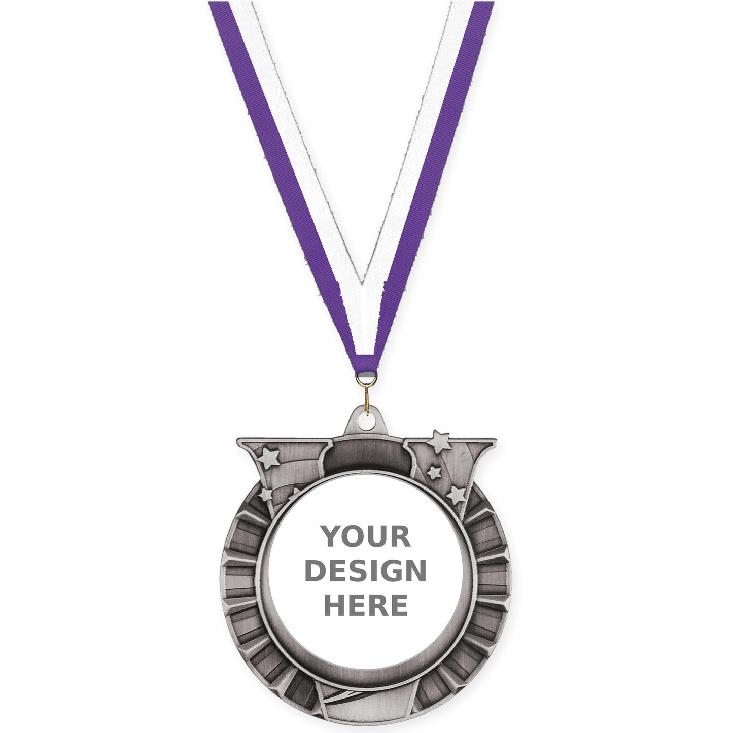2 3/4 inch Victory Star insert medal in antique silver with Purple White neck ribbon