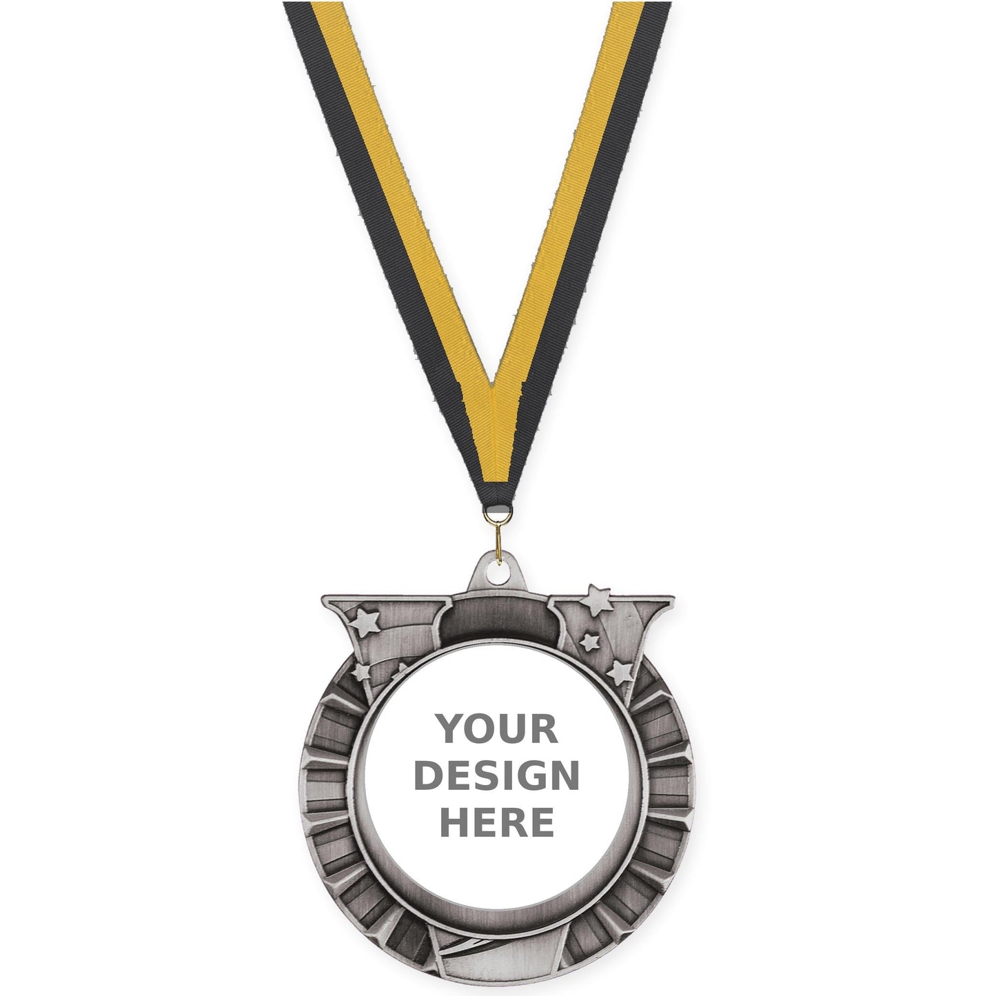 2 3/4 inch Victory Star insert medal in antique silver with Black Gold neck ribbon
