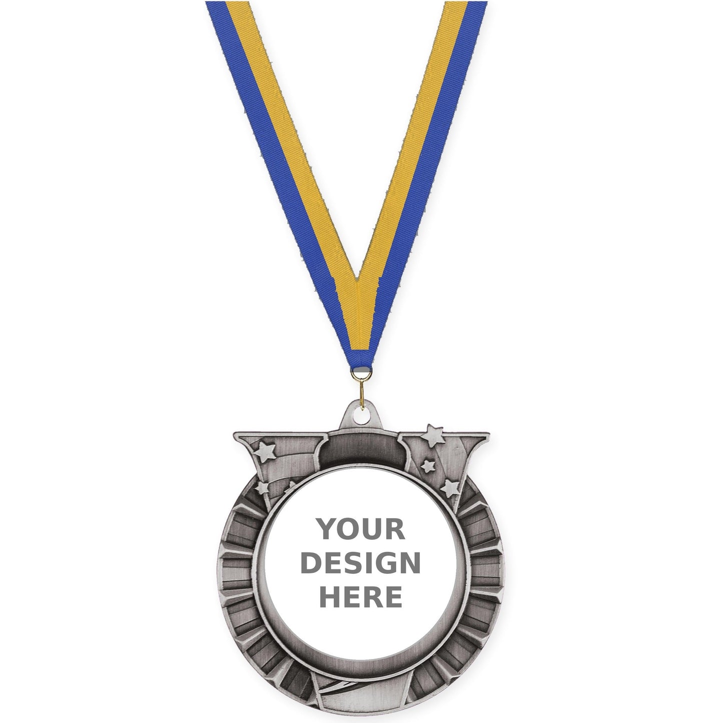 2 3/4 inch Victory Star insert medal in antique silver with Blue Gold neck ribbon