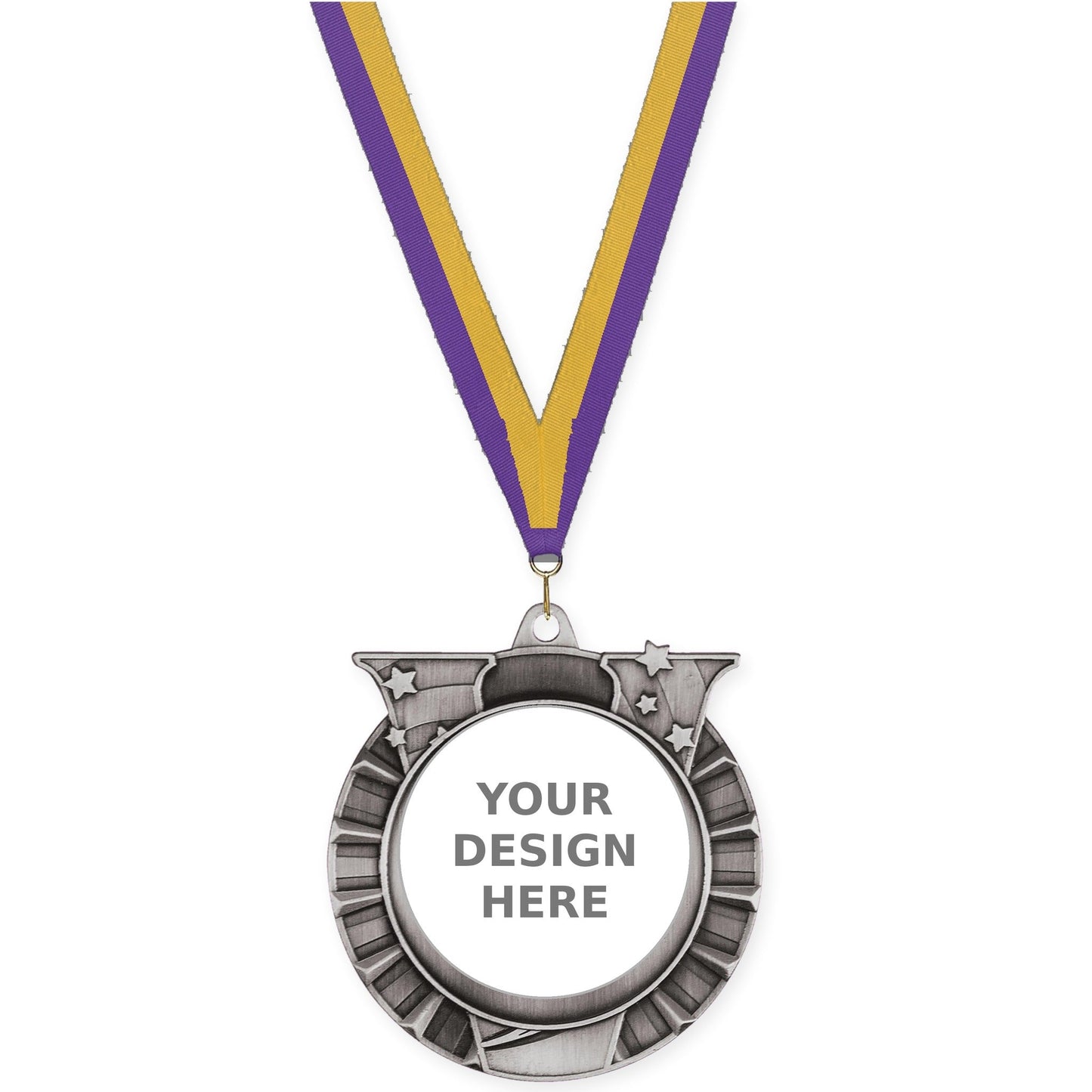 2 3/4 inch Victory Star insert medal in antique silver with Purple Gold neck ribbon