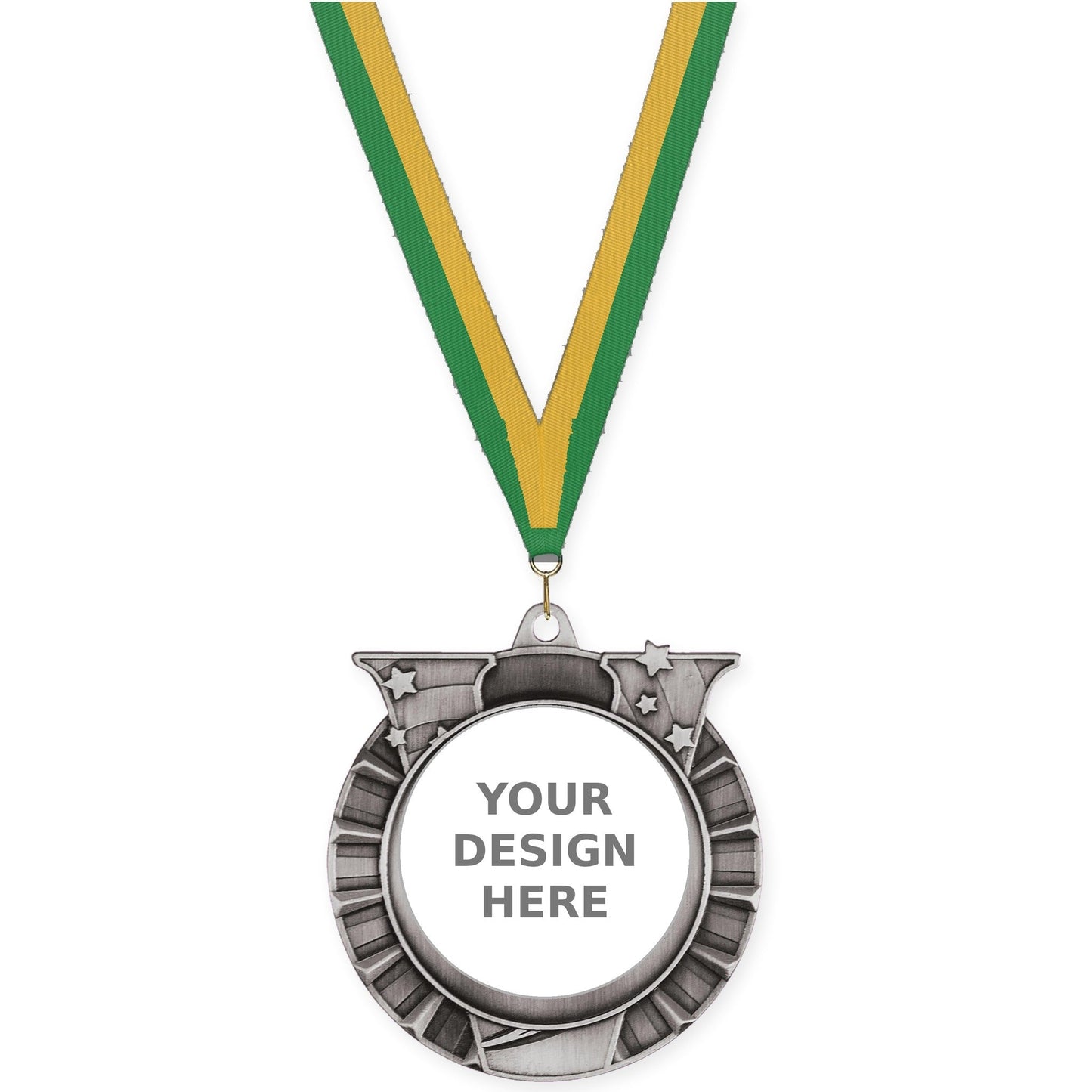 2 3/4 inch Victory Star insert medal in antique silver with Green Gold neck ribbon
