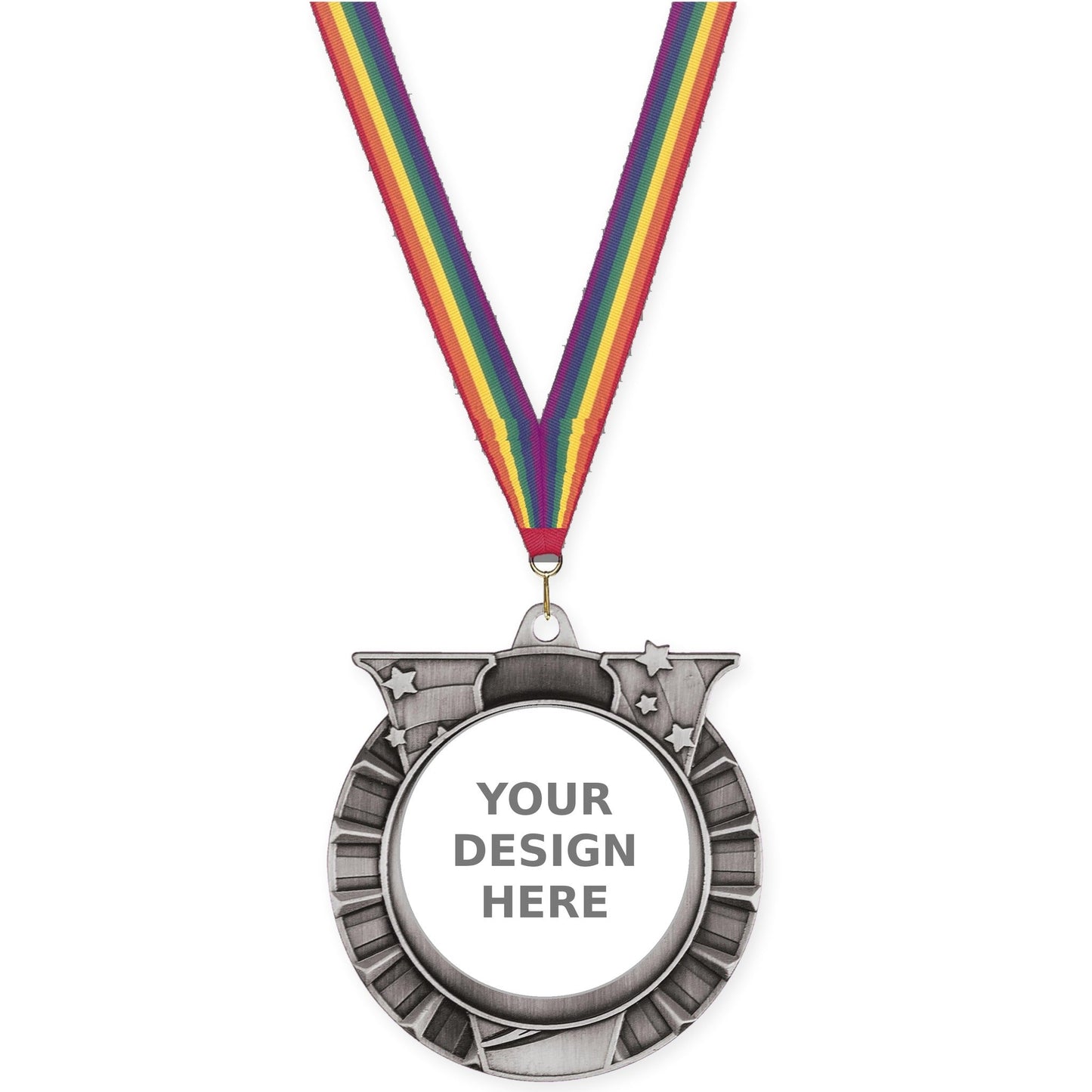 2 3/4 inch Victory Star insert medal in antique silver with Rainbow neck ribbon