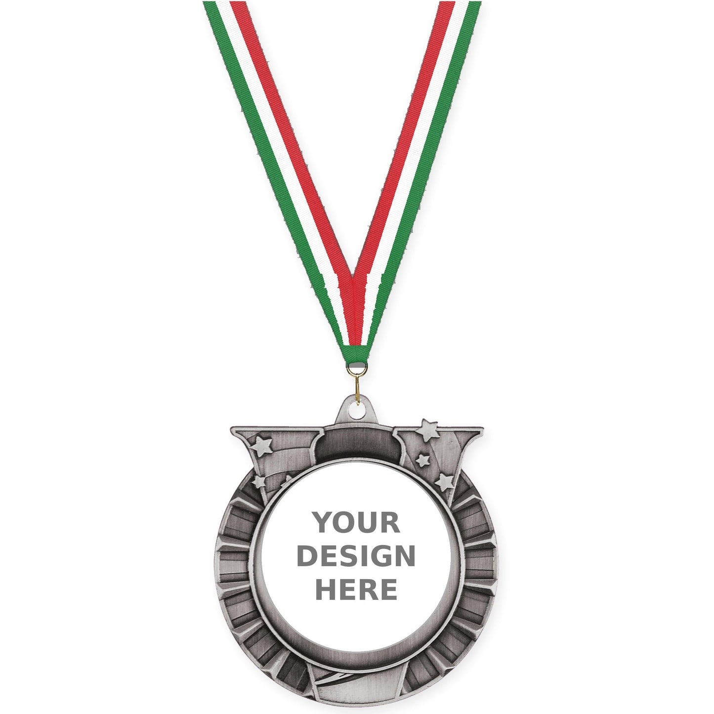 2 3/4 inch Victory Star insert medal in antique silver with Green White Red neck ribbon