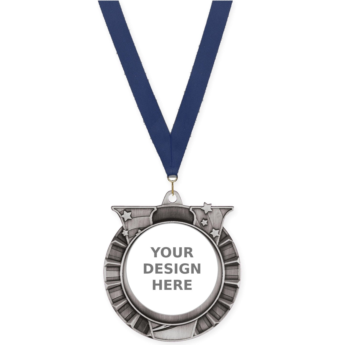2 3/4 inch Victory Star insert medal in antique silver with Navy neck ribbon
