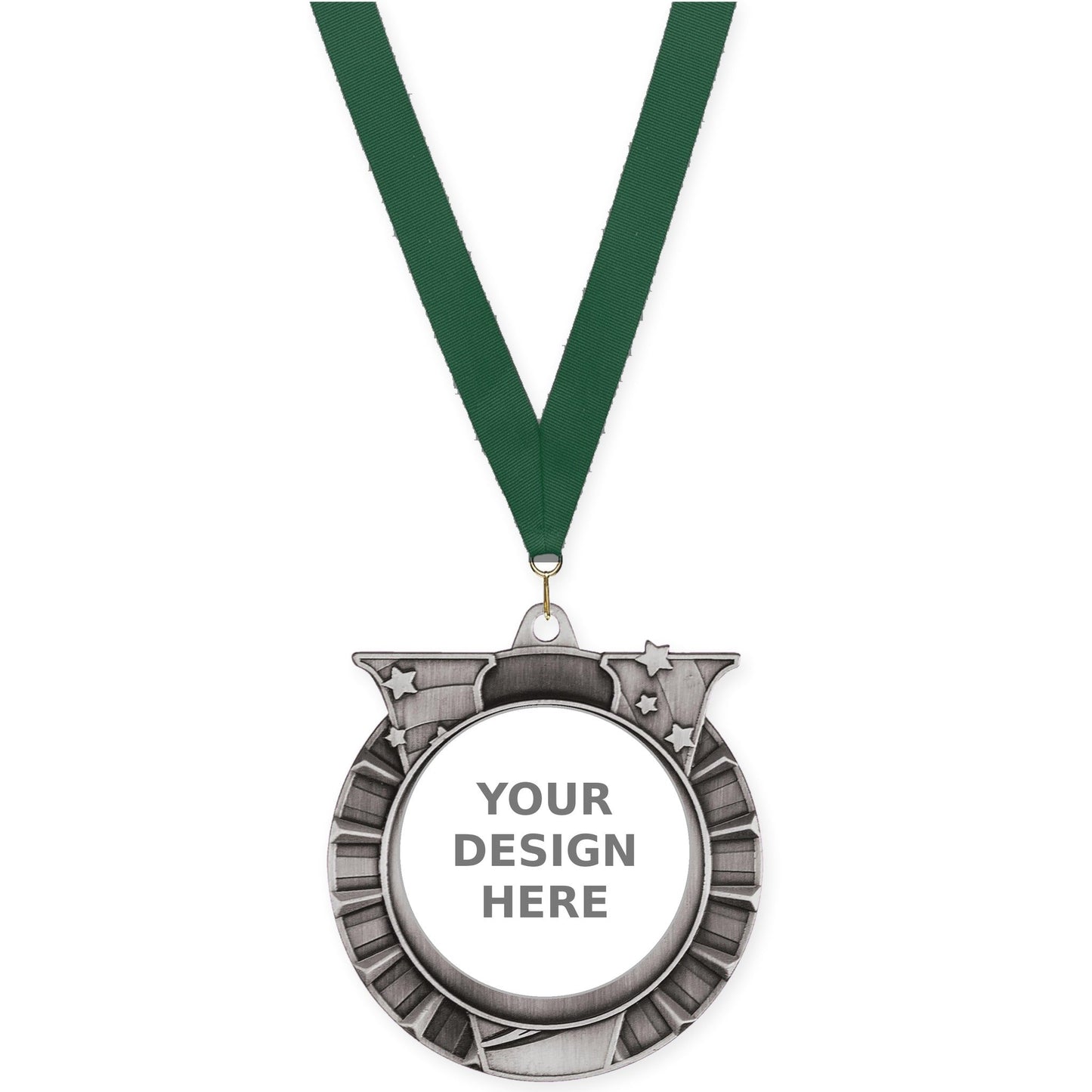 2 3/4 inch Victory Star insert medal in antique silver with Hunter Green neck ribbon