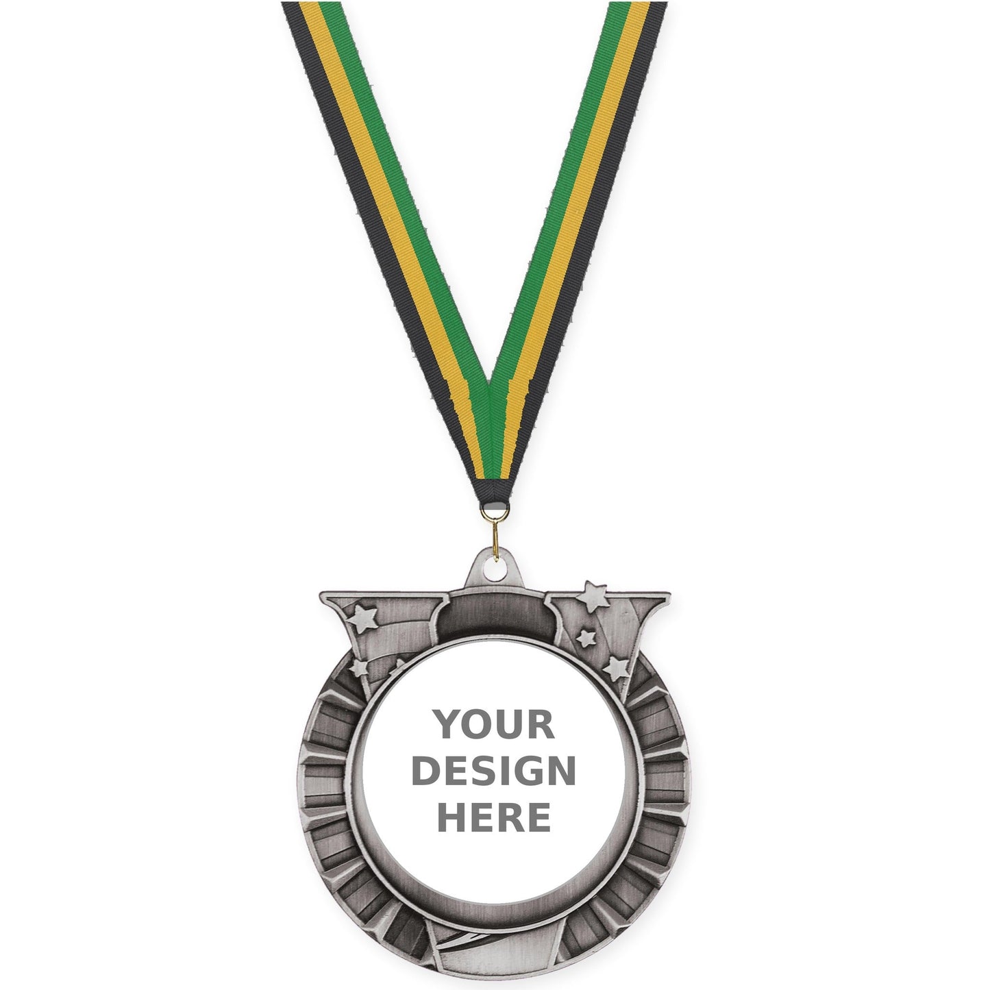 2 3/4 inch Victory Star insert medal in antique silver with Black Gold Green neck ribbon