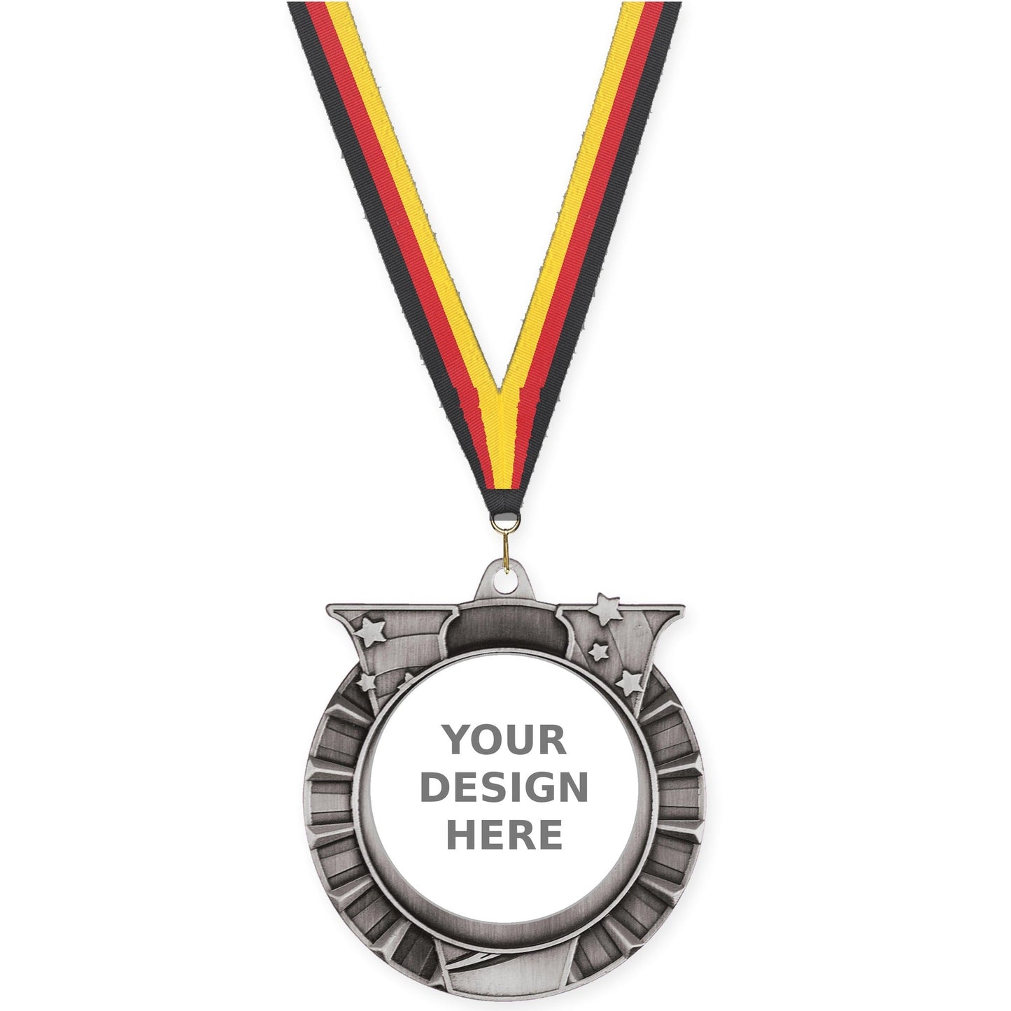 2 3/4 inch Victory Star insert medal in antique silver with Black Red Yellow neck ribbon