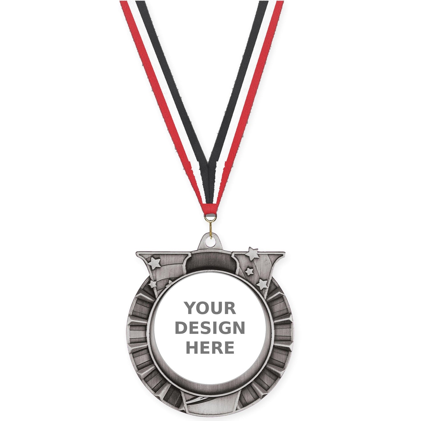 2 3/4 inch Victory Star insert medal in antique silver with Red White Black neck ribbon