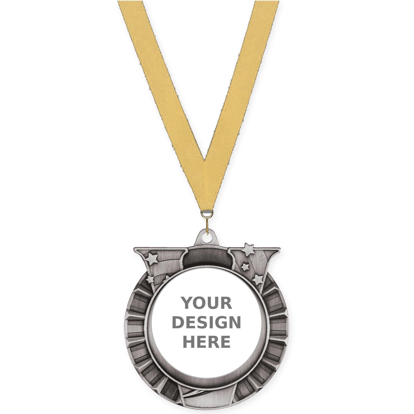 2 3/4 inch Victory Star insert medal in antique silver with Gold Metallic neck ribbon
