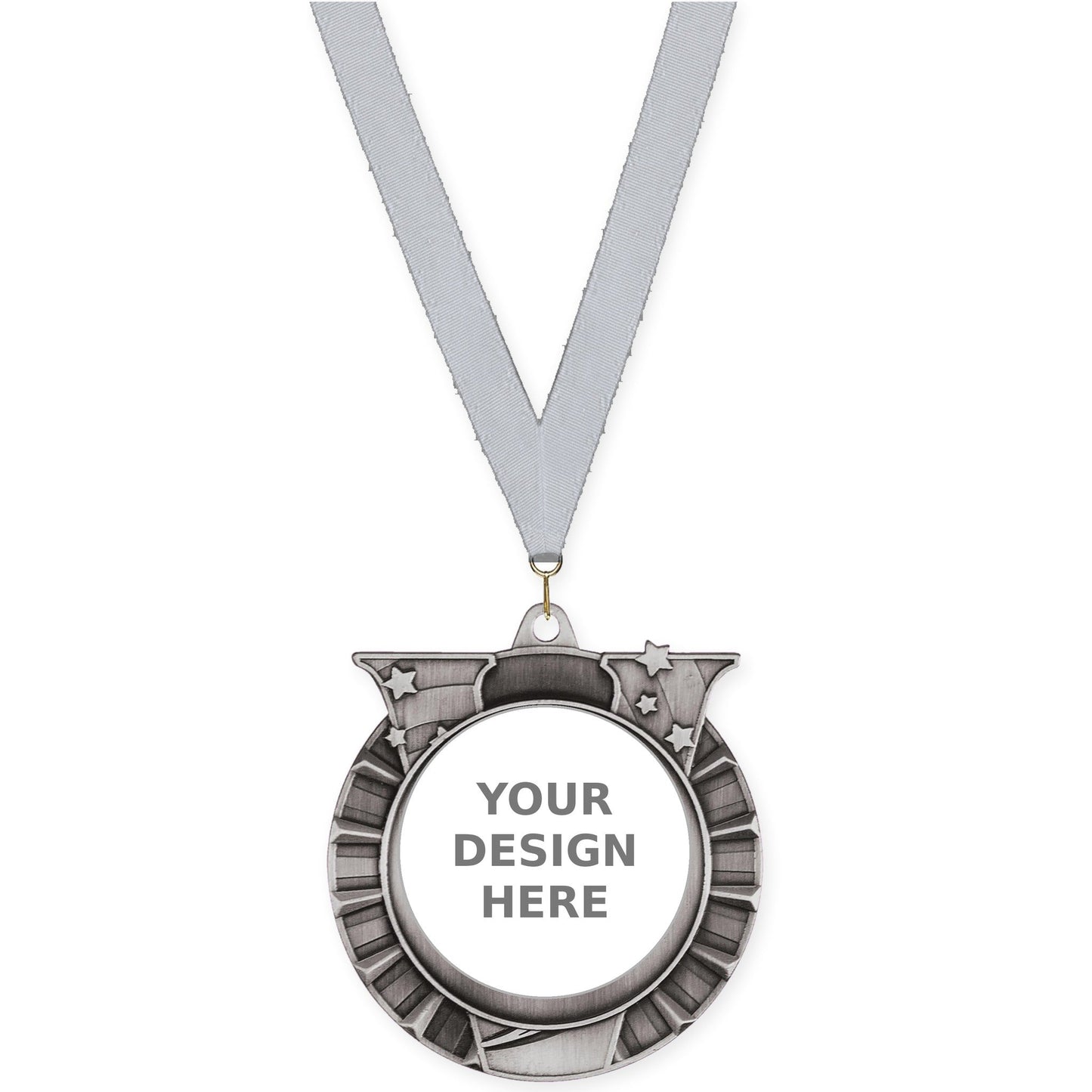 2 3/4 inch Victory Star insert medal in antique silver with Silver Metallic neck ribbon