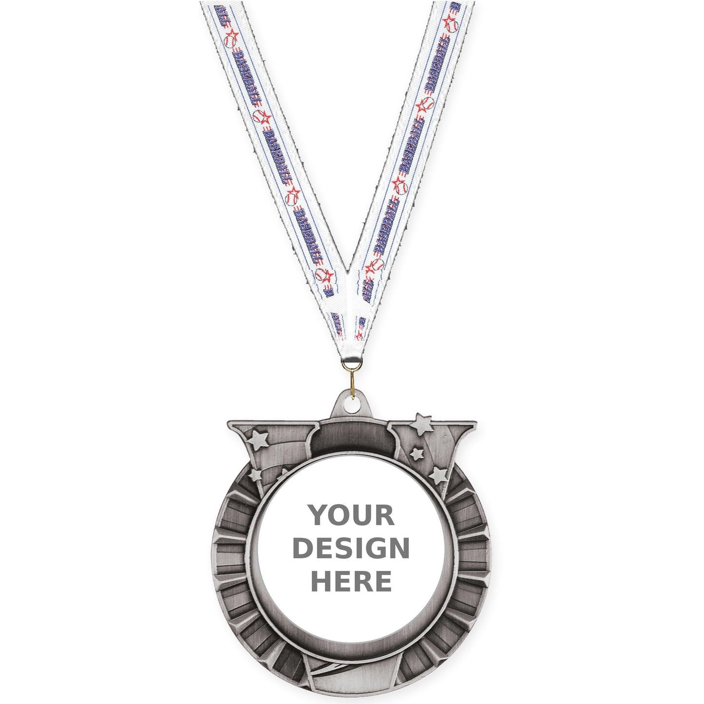 2 3/4 inch Victory Star insert medal in antique silver with Baseball neck ribbon