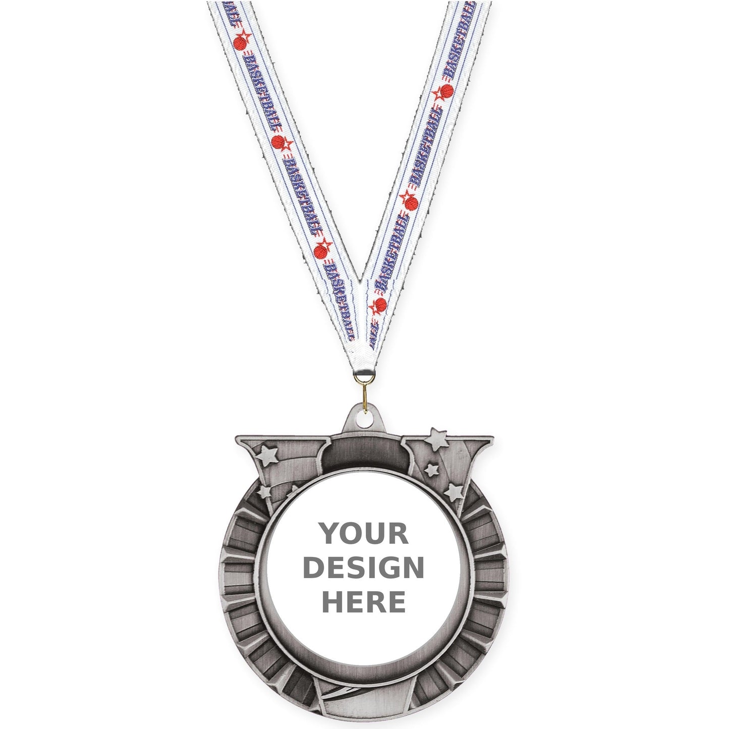 2 3/4 inch Victory Star insert medal in antique silver with Basketball neck ribbon