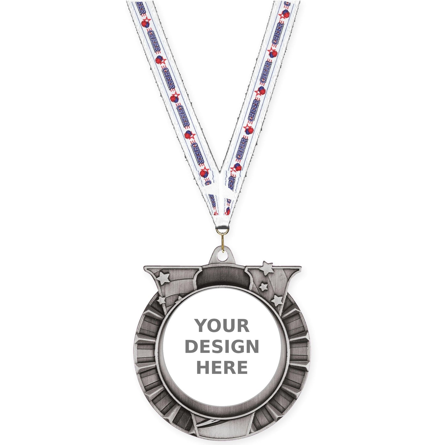 2 3/4 inch Victory Star insert medal in antique silver with Cheerleading neck ribbon