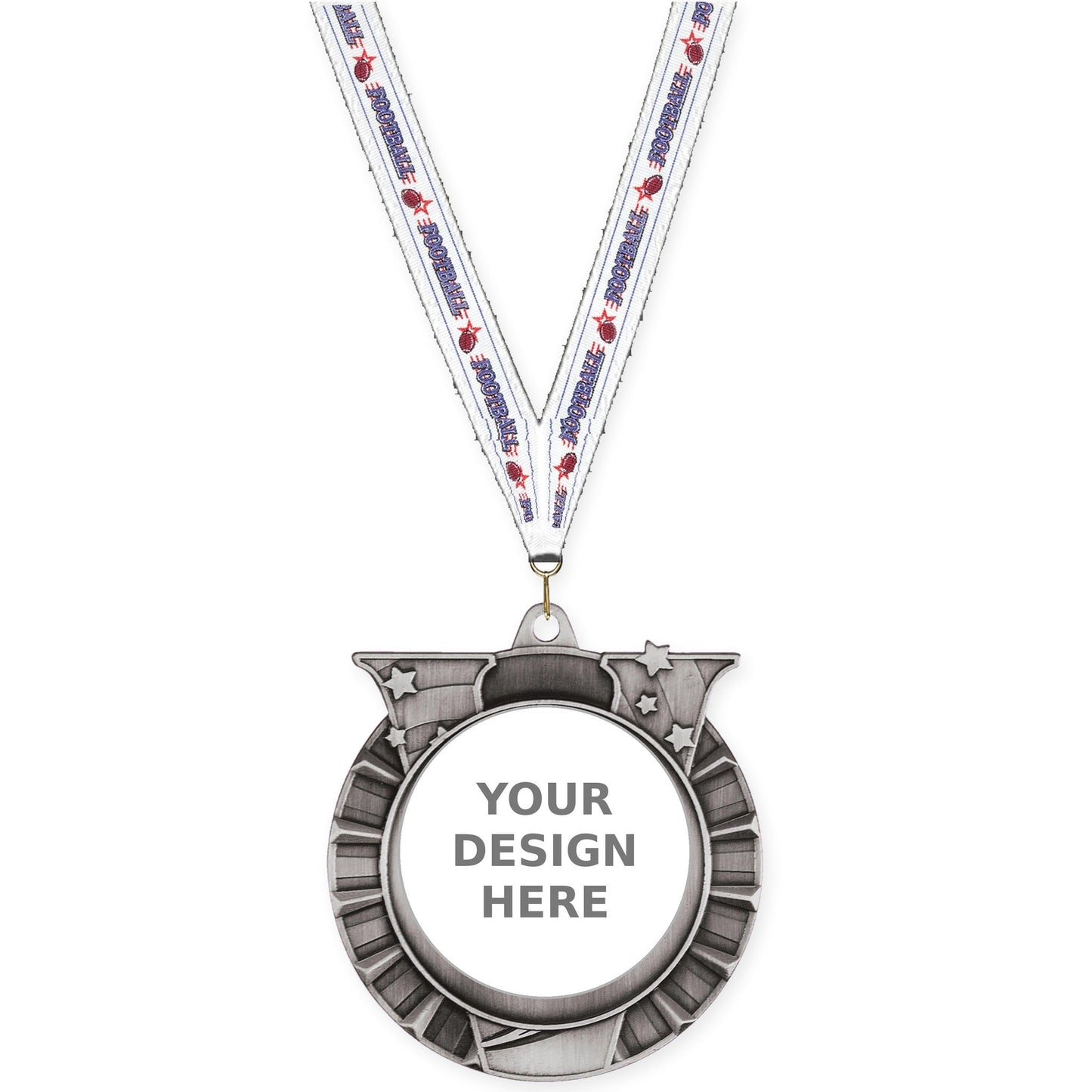 2 3/4 inch Victory Star insert medal in antique silver with Football neck ribbon