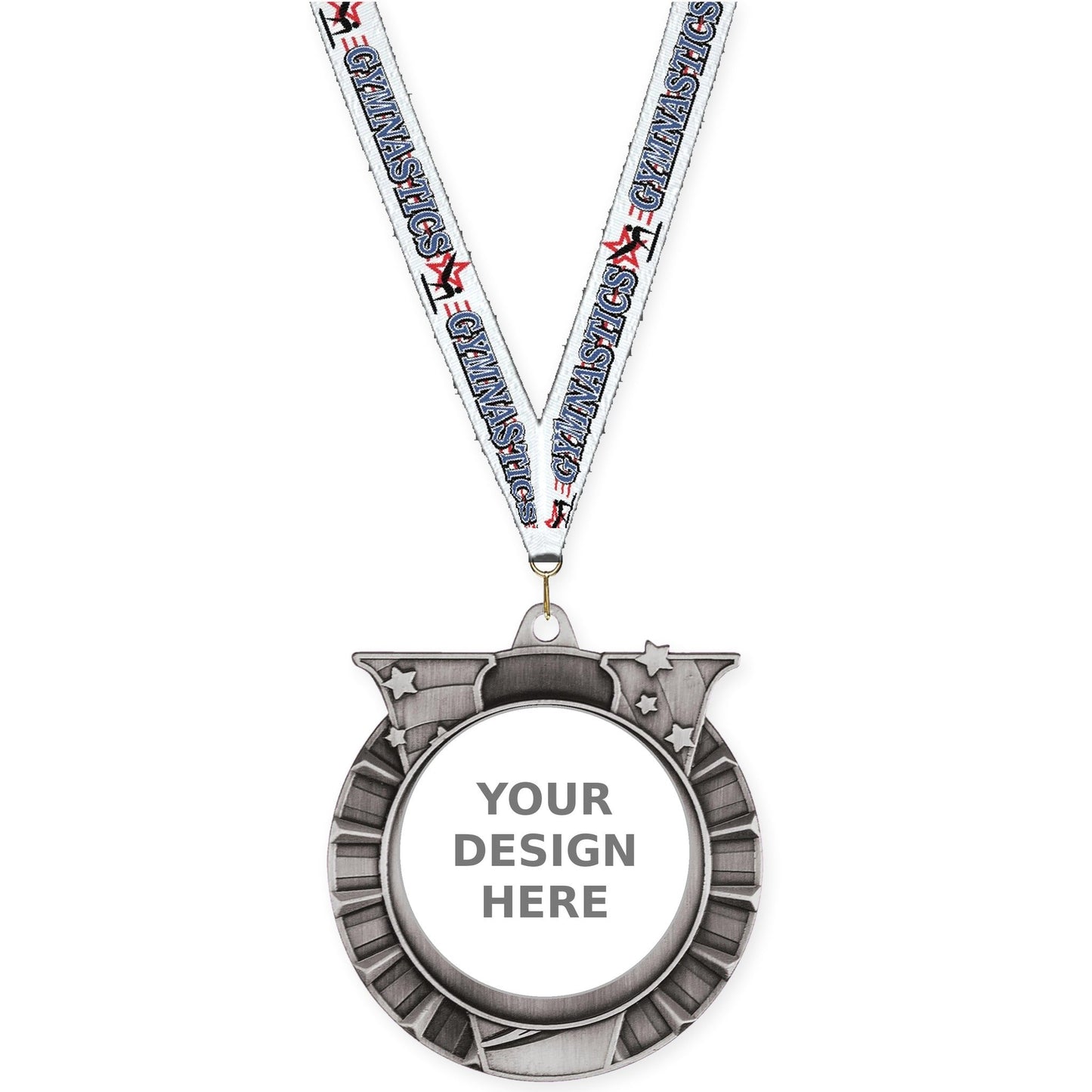 2 3/4 inch Victory Star insert medal in antique silver with Gymnastics neck ribbon