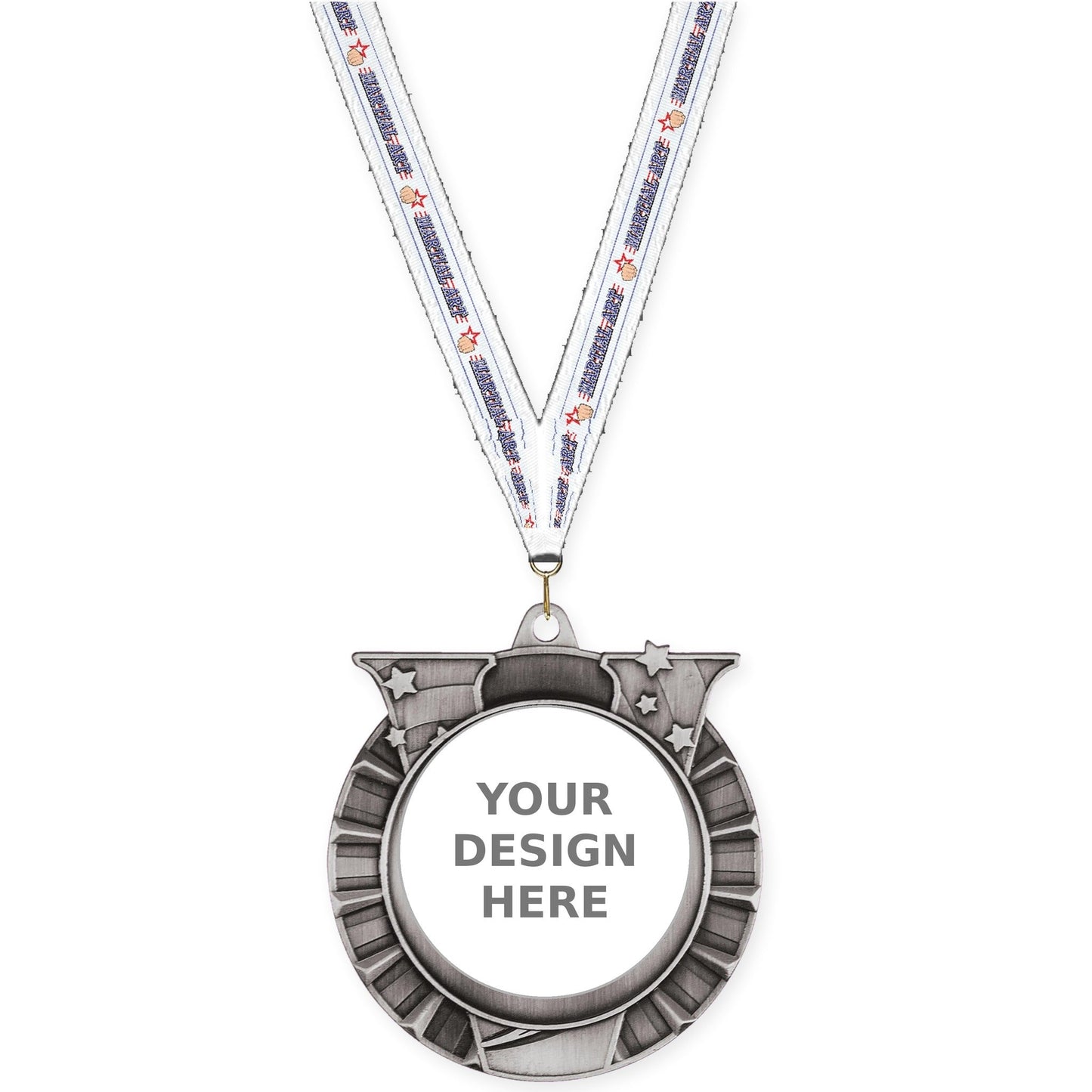 2 3/4 inch Victory Star insert medal in antique silver with Martial Arts neck ribbon