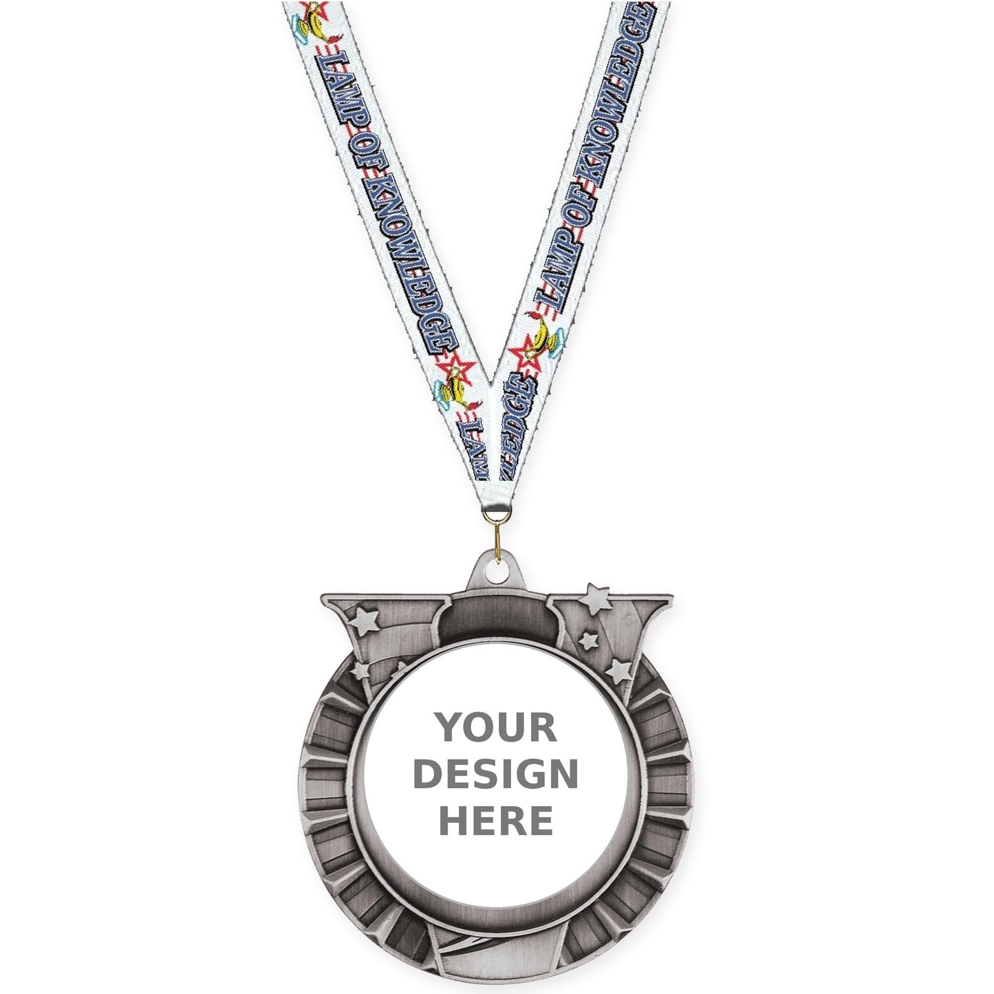 2 3/4 inch Victory Star insert medal in antique silver with Lamp Of Knowledge neck ribbon