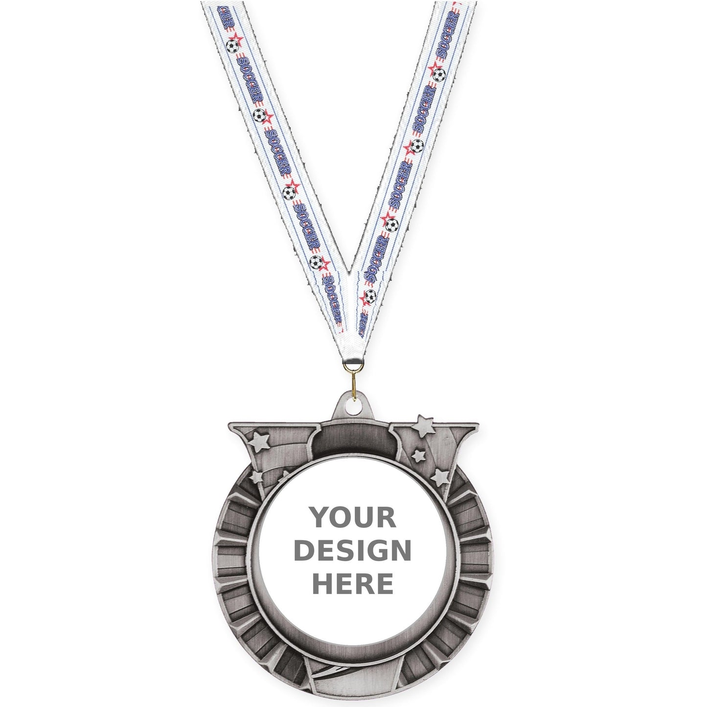 2 3/4 inch Victory Star insert medal in antique silver with Soccer neck ribbon