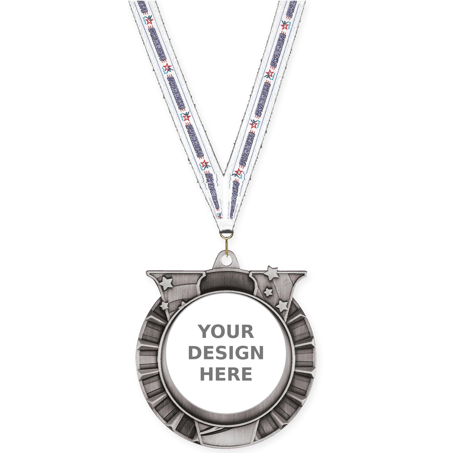 2 3/4 inch Victory Star insert medal in antique silver with Swimming neck ribbon