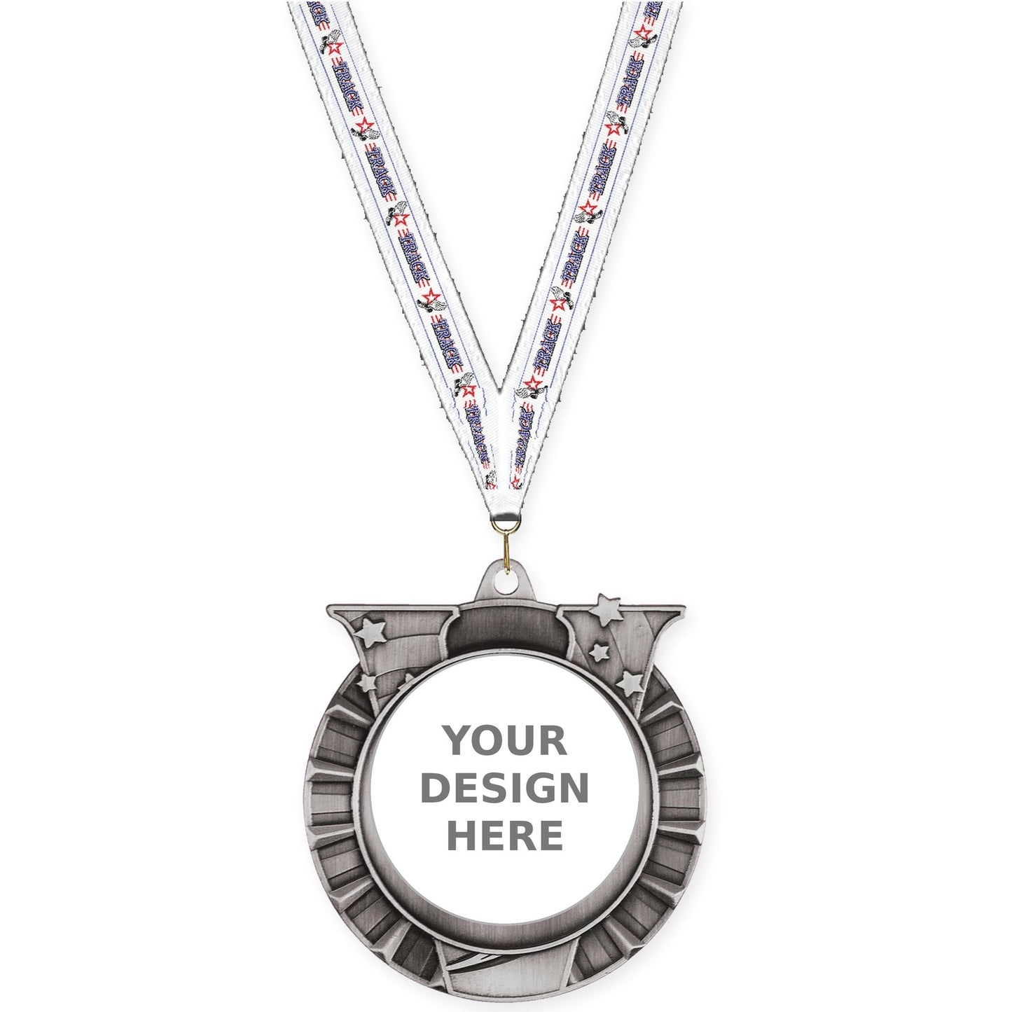 2 3/4 inch Victory Star insert medal in antique silver with Track neck ribbon