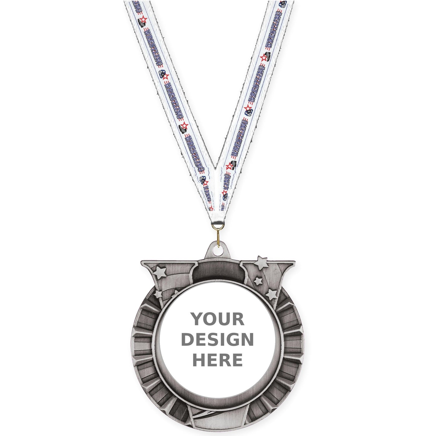 2 3/4 inch Victory Star insert medal in antique silver with Wrestling neck ribbon