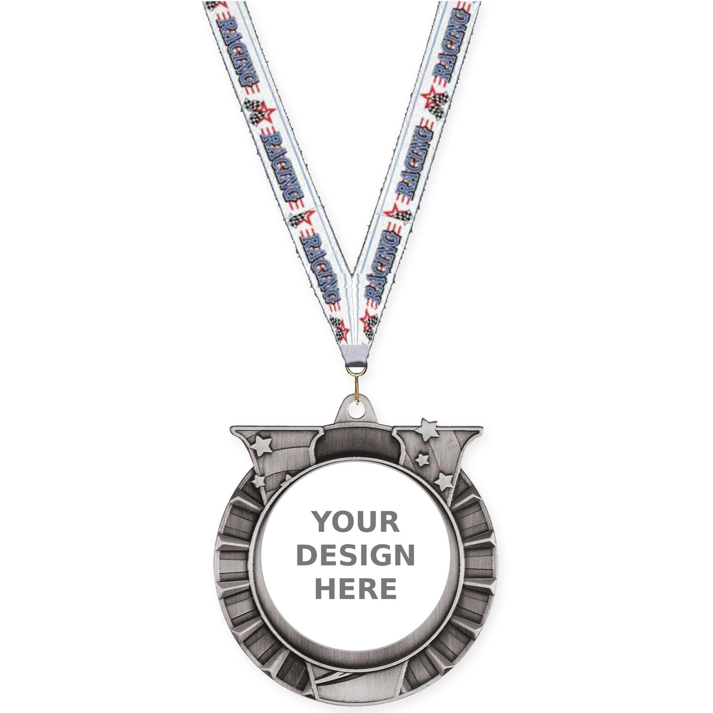 2 3/4 inch Victory Star insert medal in antique silver with Auto Racing neck ribbon