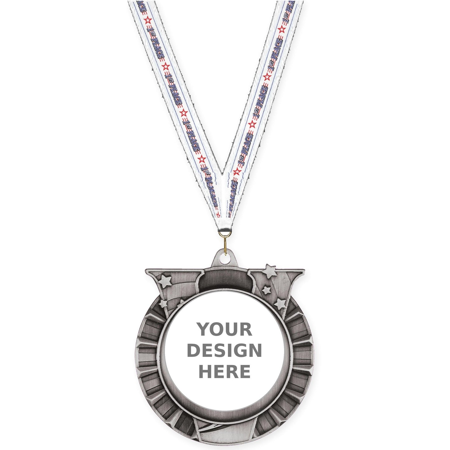 2 3/4 inch Victory Star insert medal in antique silver with 1st Place neck ribbon