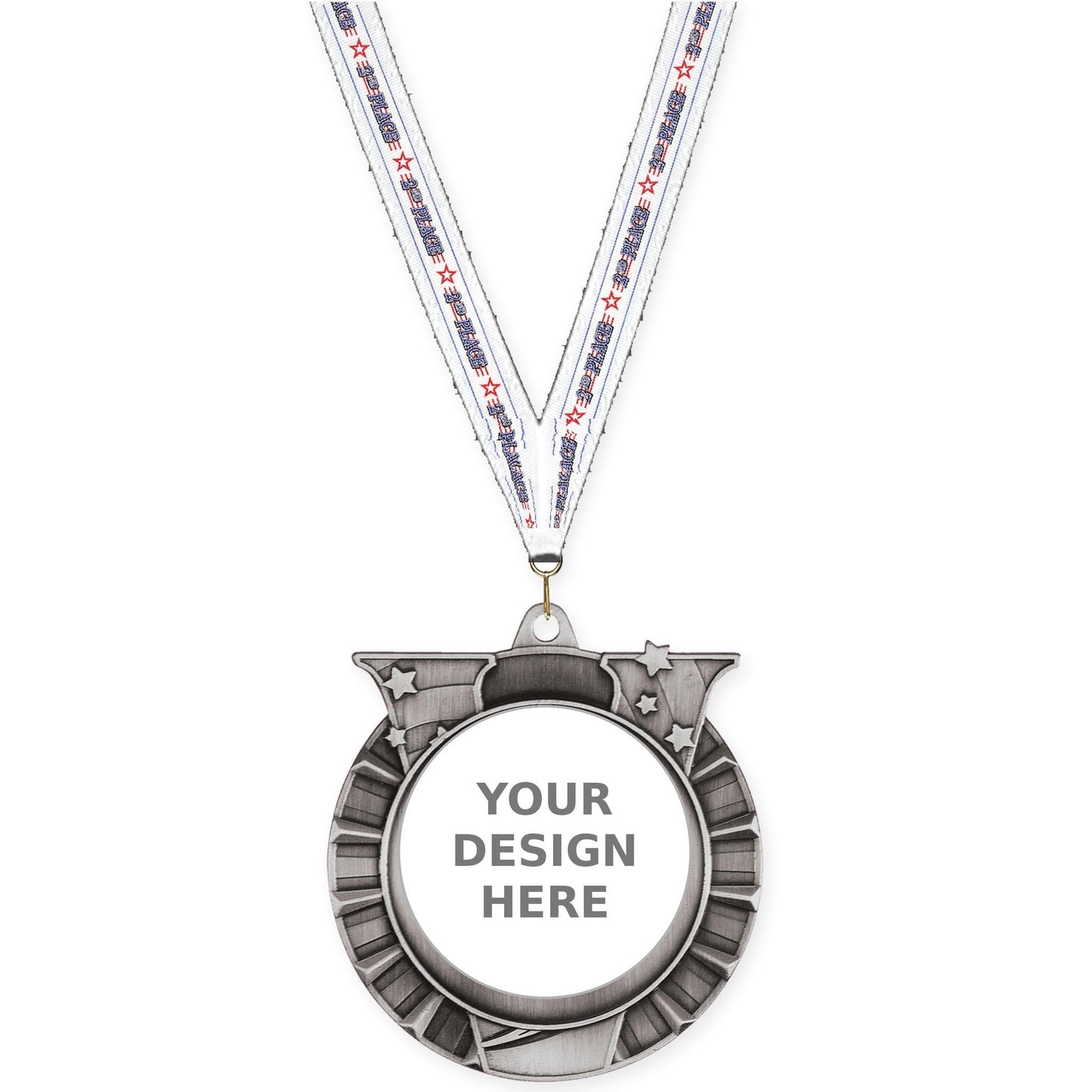 2 3/4 inch Victory Star insert medal in antique silver with 2nd Place neck ribbon