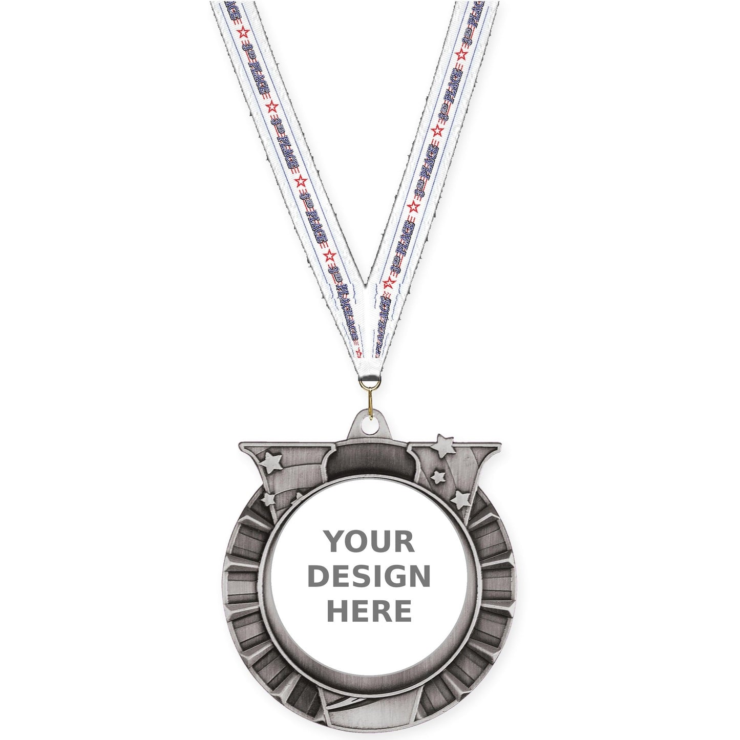 2 3/4 inch Victory Star insert medal in antique silver with 3rd Place neck ribbon