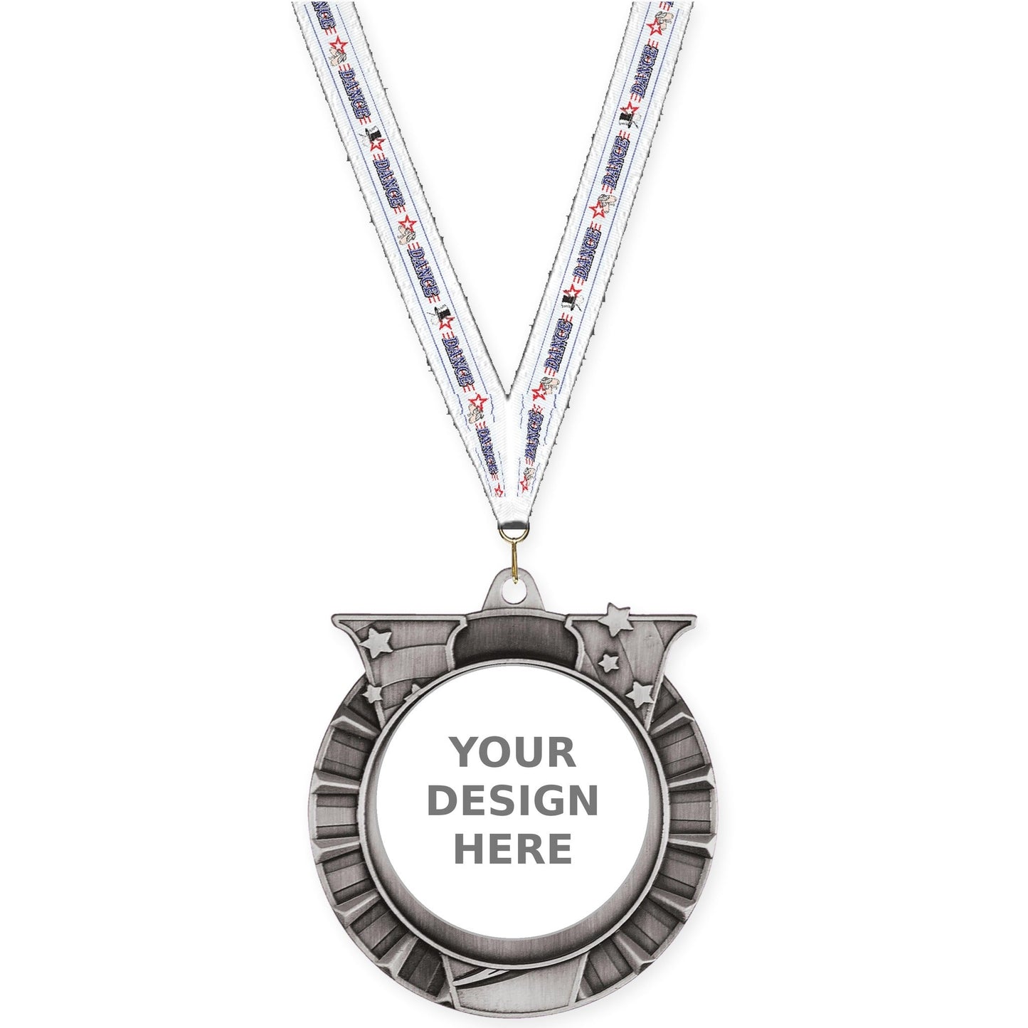2 3/4 inch Victory Star insert medal in antique silver with Dance neck ribbon