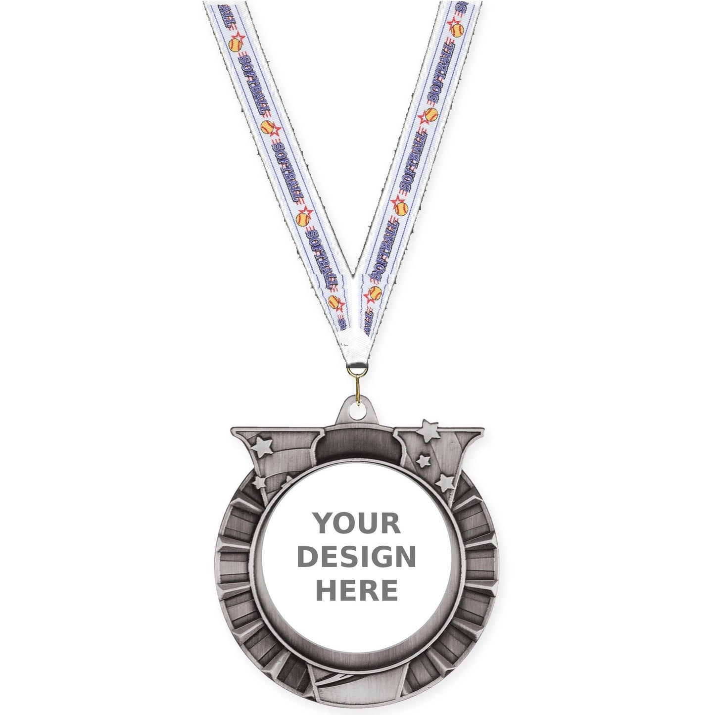 2 3/4 inch Victory Star insert medal in antique silver with Softball neck ribbon